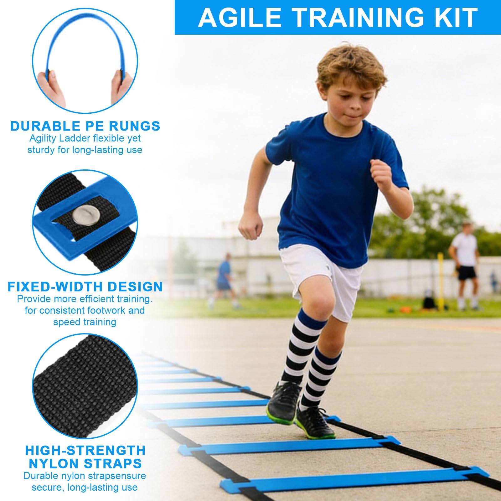Set di accessori per allenamento da calcio, Slalom Poles 6 aste Slalom con scala di coordinazione 6 m, 12 cappelli, corda per saltare e paracadute, per allenamento di coordinazione, slalom, calcio