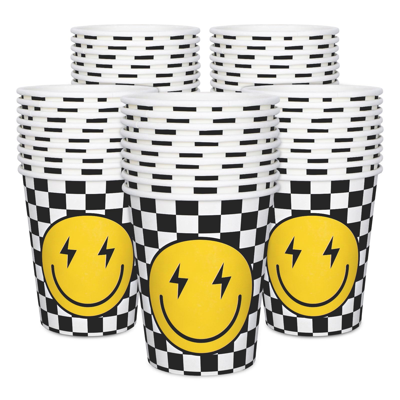 Whaline 100Pcs One Happy Dude Paper Cups Smile Face Disposable Cups Checkered Party Cups for Cold Hot Coffee Drink Birthday Holiday Table Decor Supplies, 9 Oz