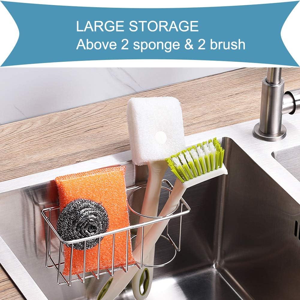 Sink Organizer Adhesive Sponge Holder with Brush Holder, 2-in-1 Sink Caddy for Kitchen, SUS304 Stainless Steel Rustproof Waterproof,No Drilling