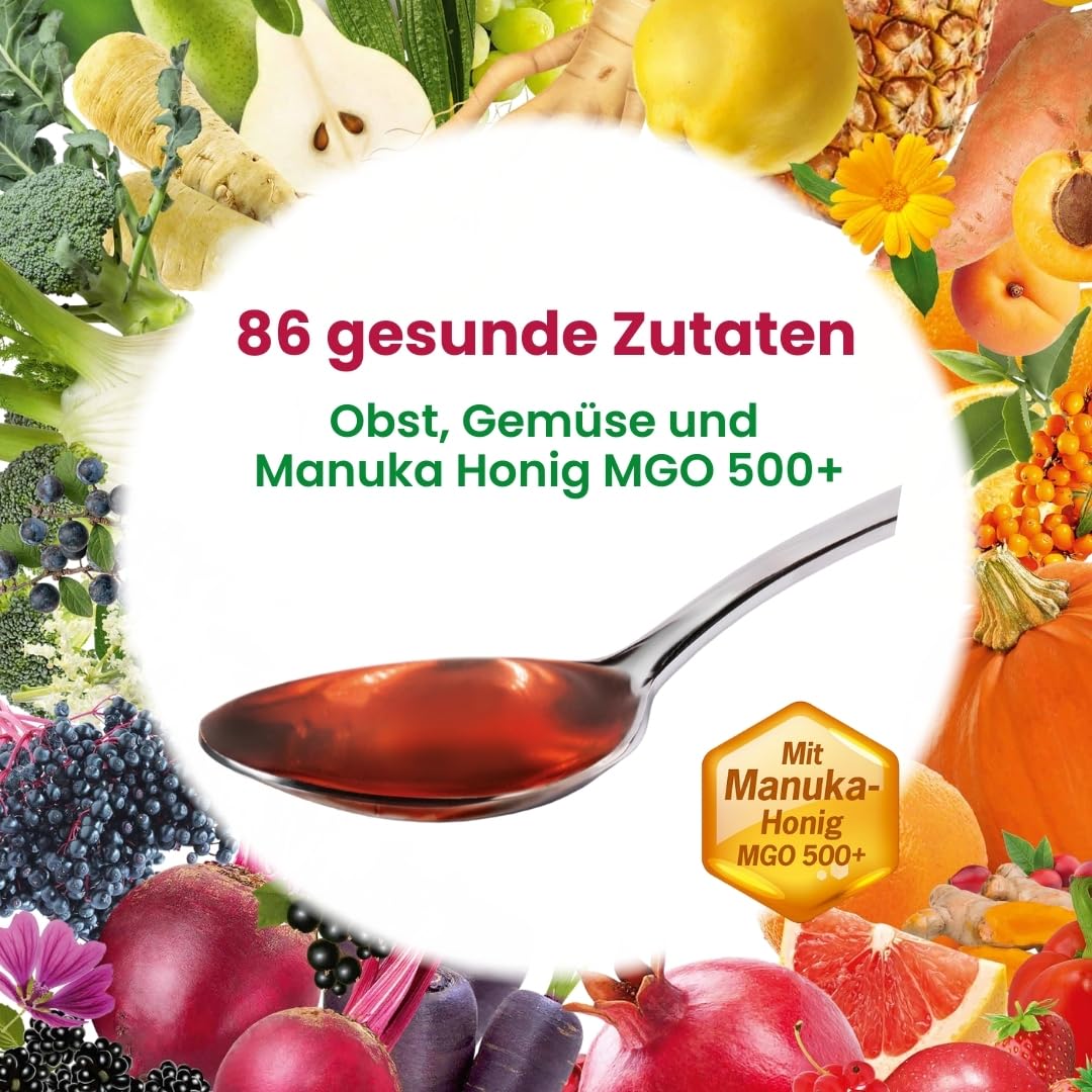 Alsiroyal Lebens-Elixier 6x 520 ml (5+1) · 86 Zutaten + Manuka | Vital Drink mit 86x Obst, Gemüse, Ursorten, Wildkräuter, Mikronährstoffe & Manuka-Honig MGO 500+ · ohne Konservierungsstoffe