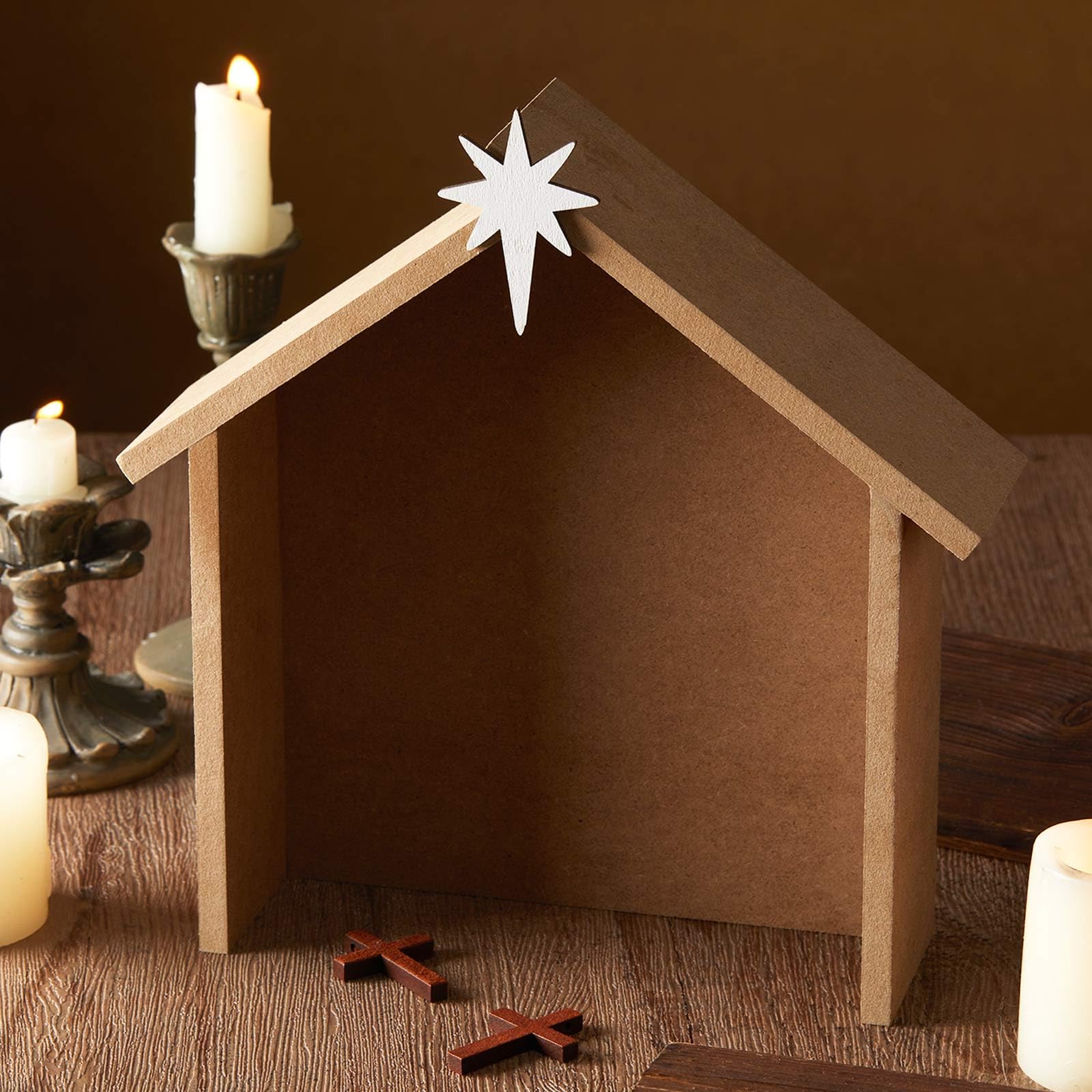 Suzile Christmas Wooden Manger for Nativity Scene Christmas Nativity Creche Stable Indoor 9.06 x 2.56 x 9.06 Inch with Star on Roof Jesus Christ's Birth for Tabletop Christian Desk Office Home Decor