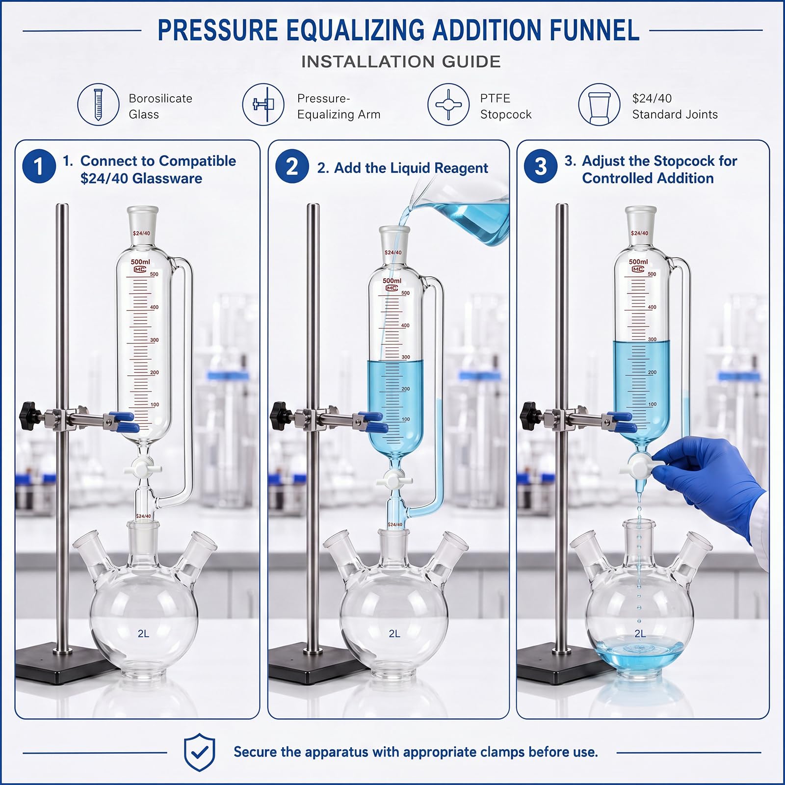 Sabary Embudo cilíndrico de adición de vidrio de borosilicato de 500 ml con llave de paso de PTFE doble 24/40, juntas cónicas estándar graduadas para sistema cerrado
