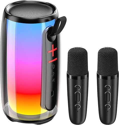 MAIKELU Máquina de karaoke, karaoke con 2 micrófonos, un clic para cancelar el sonido original, altavoz de 20 W, 11 modos de ambiente RGB, máquina