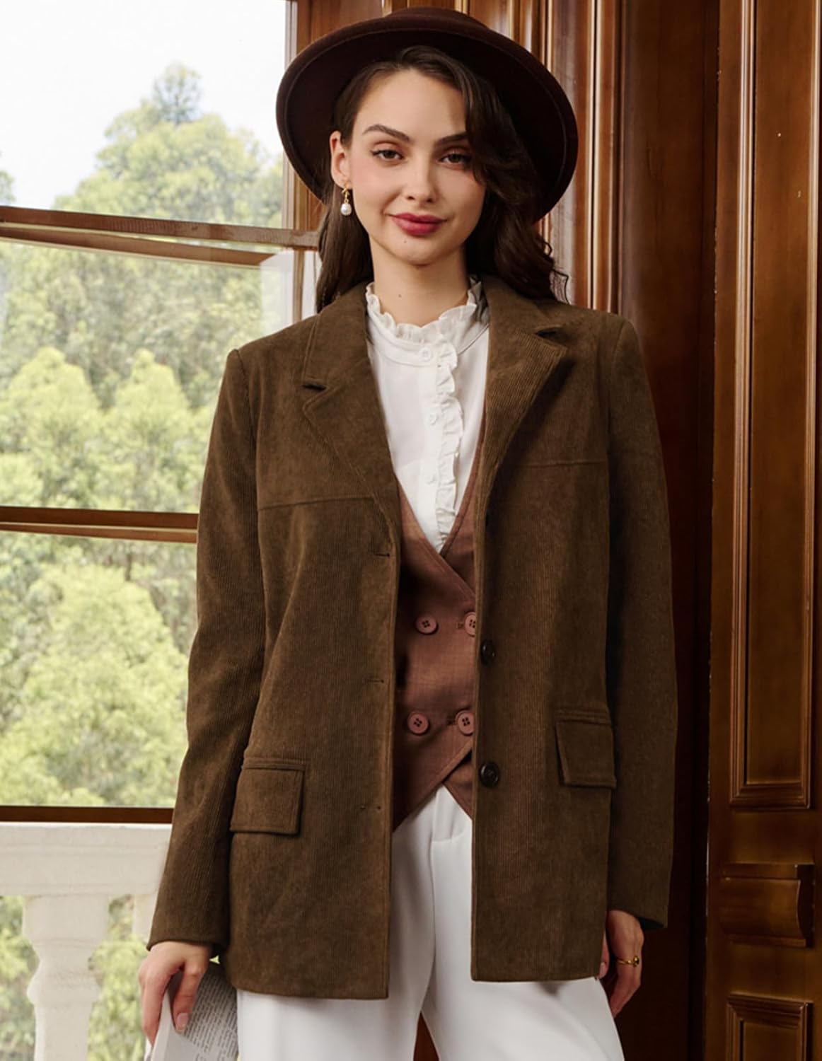 Belle Poque Womens Winter Corduroy Blazer Jackets Fall Notched Lapel Long Sleeve Boyfriend Work Office Jacket Coats - Image 5