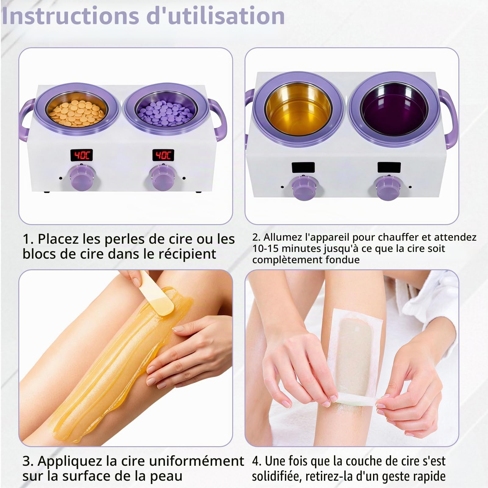 Chauffe-cire double avec écran d’affichage électronique, 2 pots de cire de 500 ml, chauffe-cire 220W pour épilation avec température réglable, idéal pour usage domestique, barbier, salon