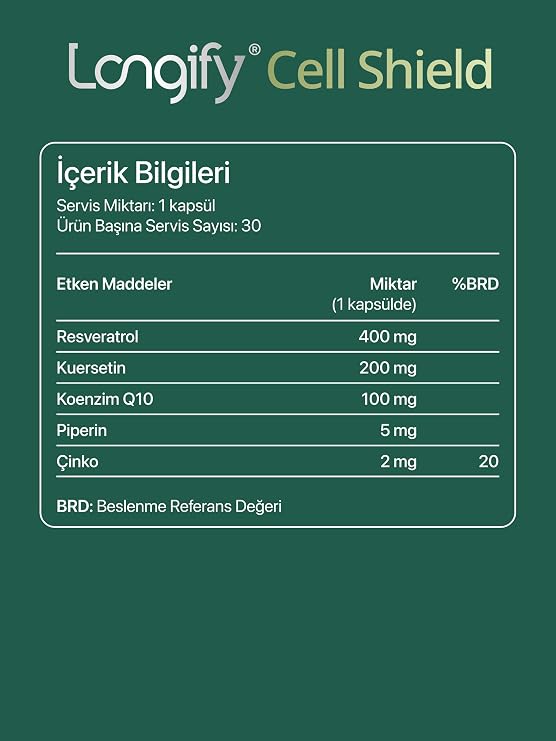 Cell Shield Trans Resveratrol, Koenzim Q10, Kuersetin, Piperin, Çinko Takviye Edici Gıda 30 Kapsül