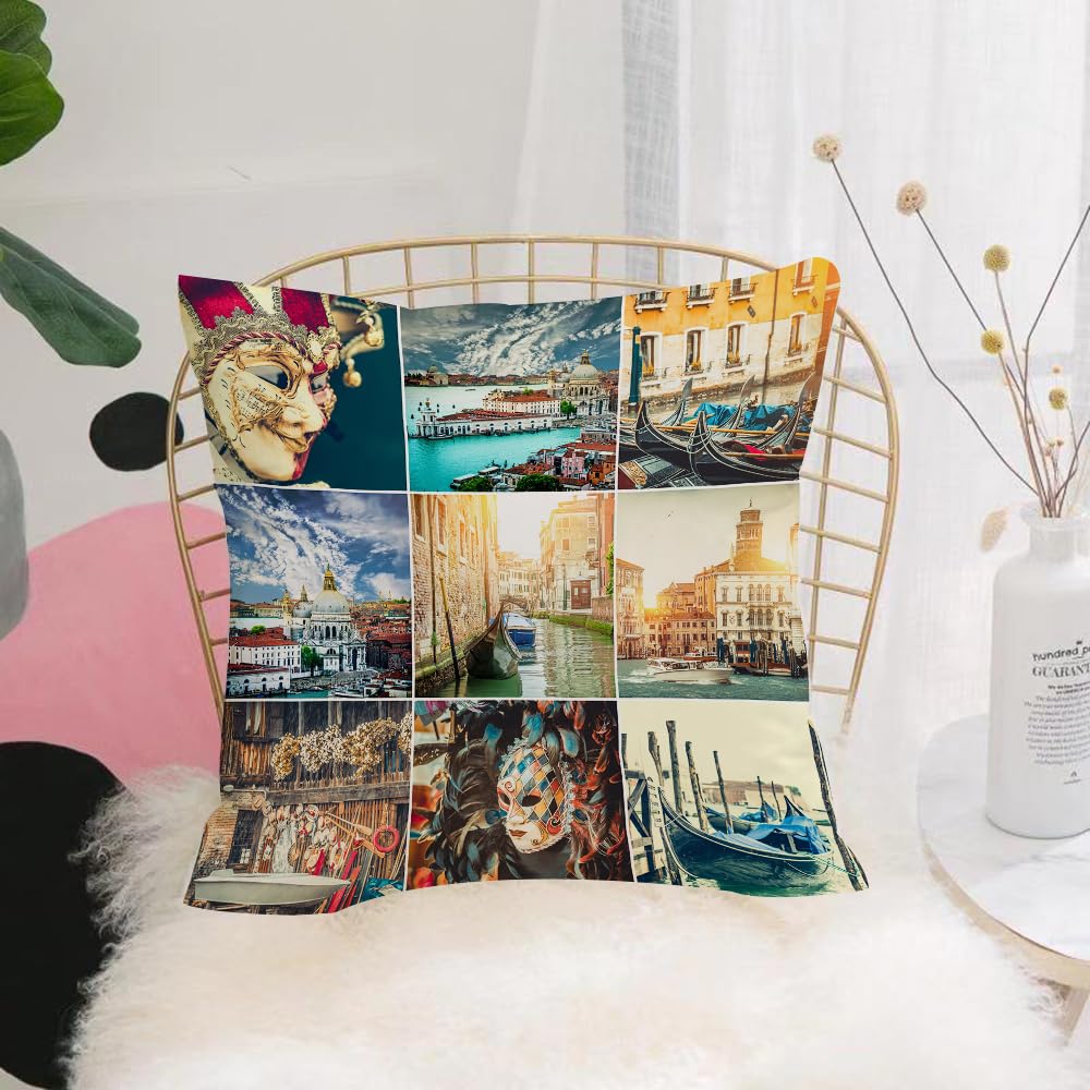 HYOSXW Cushion Cover,Throw Pillow Case Home Decorative for Living Room Bedroom Sofa Chair 16X16 Inch,Masks for Venice Carnival Baroque Style Gondolas River Italy Landmarks,Pillowcase 40X40cm