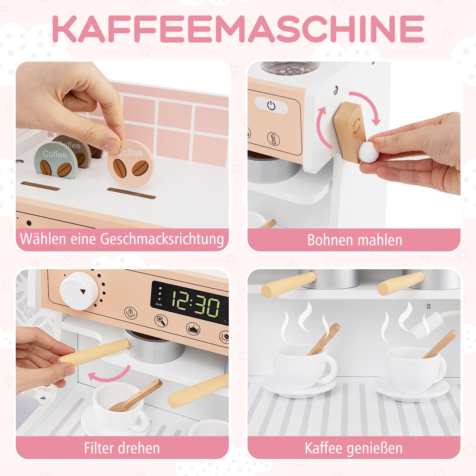 COSTWAY Kinderküche mit 27 Zubehör, Spielküche Holz mit Uhr Mikrowelle Spüle EIS- & Kaffeemaschine Geschirrständer und Waschmaschine, Spielzeugküche für Kinder ab 2 Jahren (Weiß)