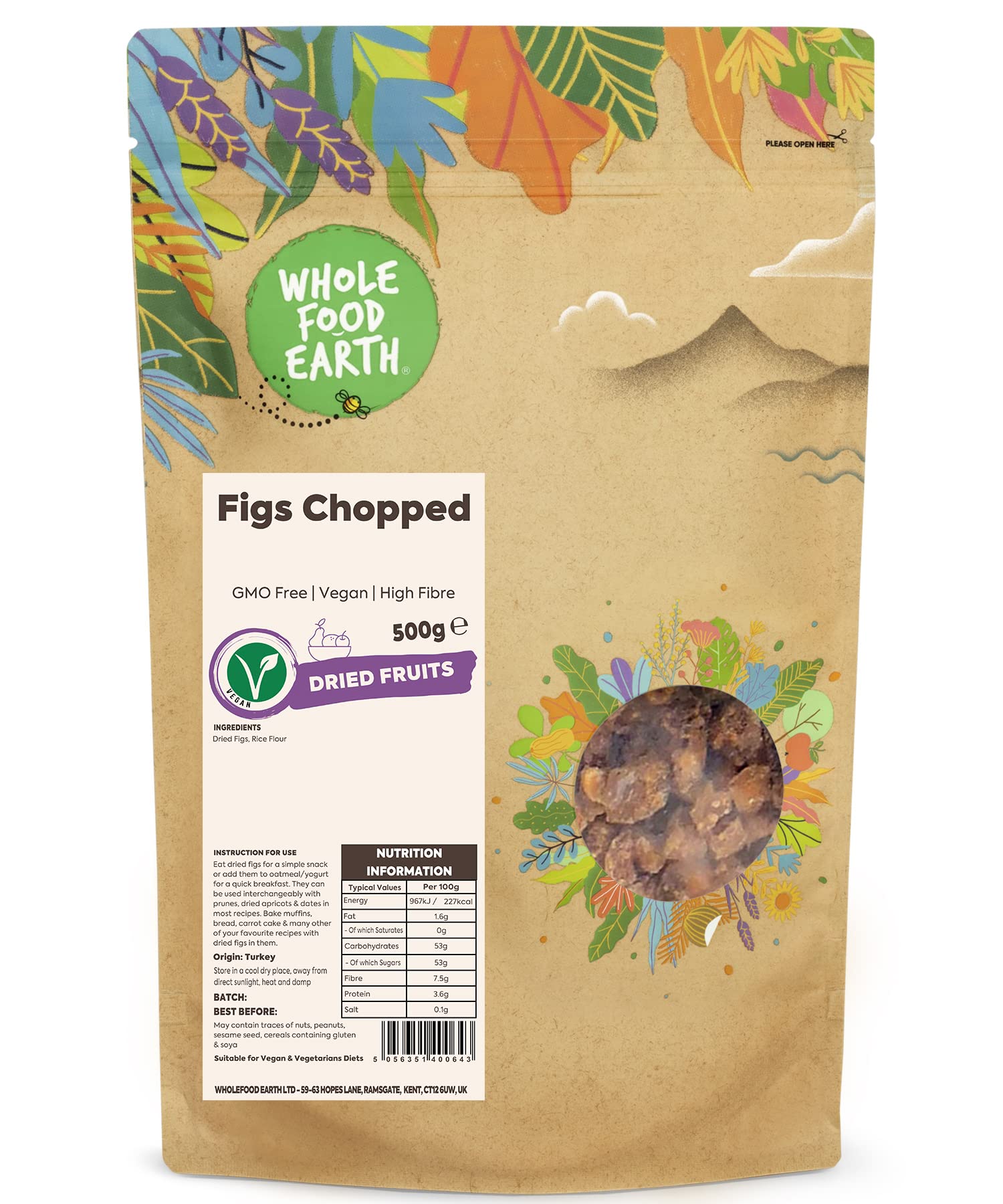 Wholefood Earth Figs Chopped 500 g | GMO Free | High Fibre