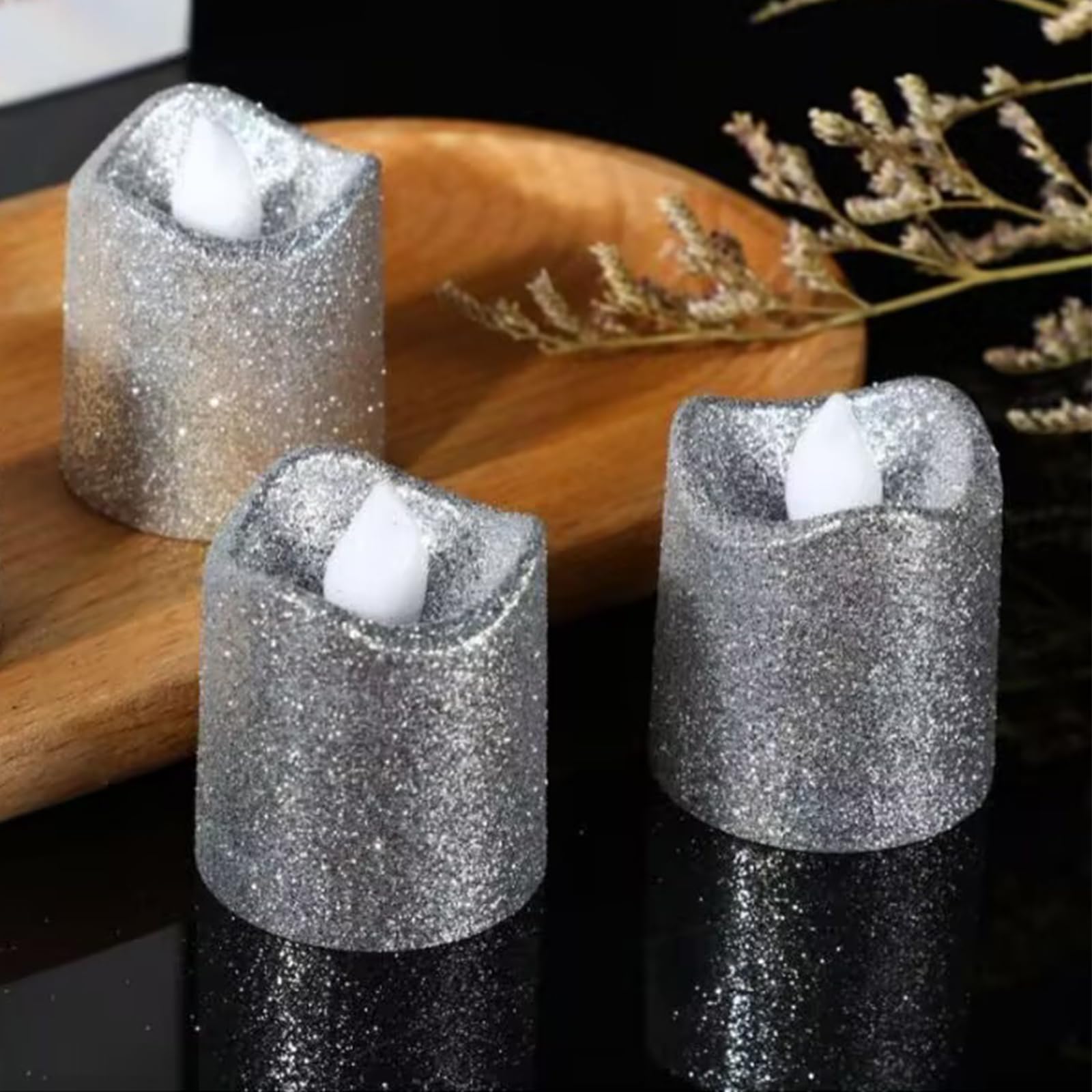 YiYFiT Glitter Silver LED Votive Candles,Battery Operated LED Tealights Fake Candles Flameless Tea Light Gifts for Home Party Wedding Halloween Chrismas Decoration(6 Pack)