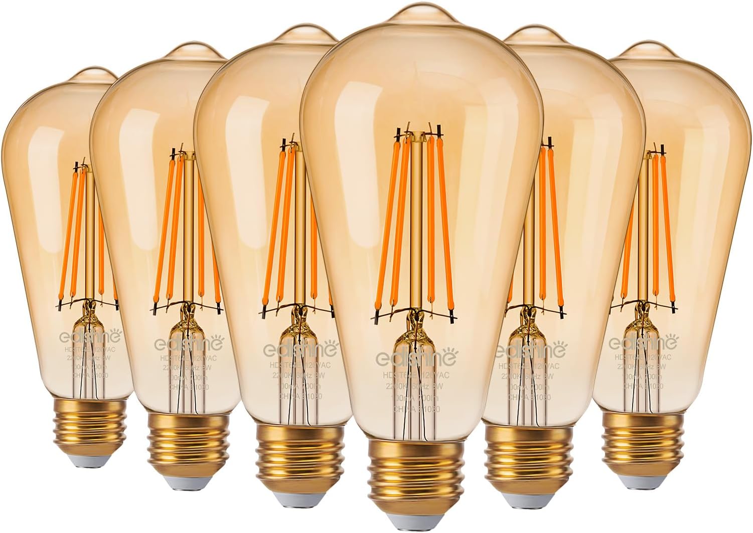 EDISHINE 6 Pack Vintage LED Edison Bulbs 8W Equivalent 60W, ST64 Dimmable Led Light Bulbs, 700LM 2200K Amber Warm Light E26, Decorative Antique LED Filament Bulbs for Home and Commercial, UL Listed