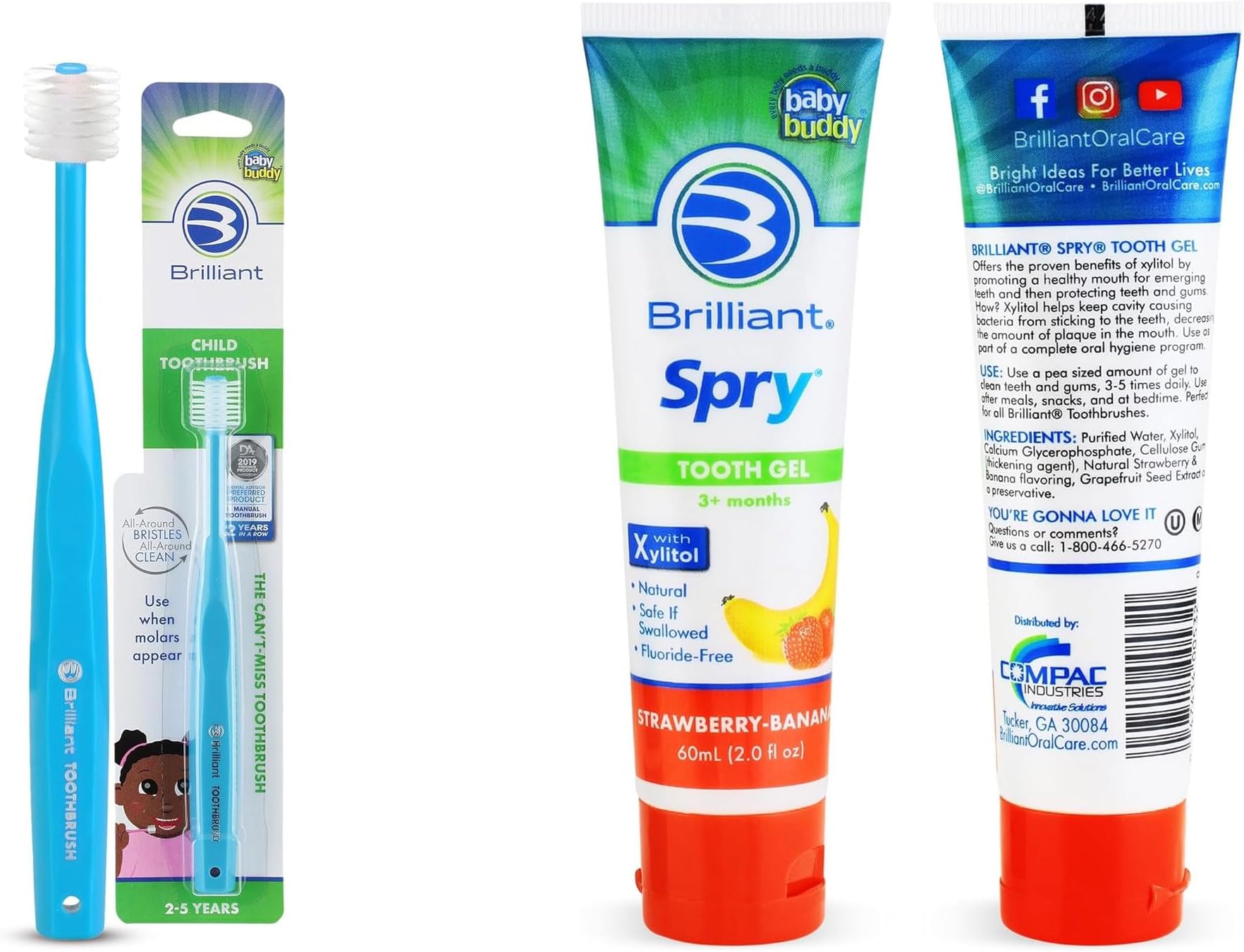 Brilliant Oral Care Bundle; Pack of 1 Child Toothbrush with Soft Bristles Round Head - Sky Blue & Kids Fluoride Free Toothpaste, Spry Gel with Xylitol, Strawberry Banana
