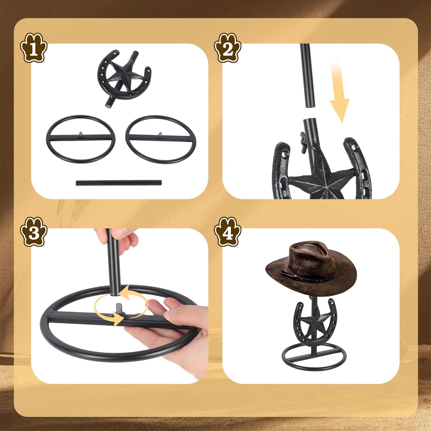 4 Pcs Adjustable Height Cowboy Hat Stand Western Cowboy Hat Display Holder Metal Western Star Horseshoe Decor Black Cowboys Gifts for Men Tabletop Fedora Sun Straw Hats
