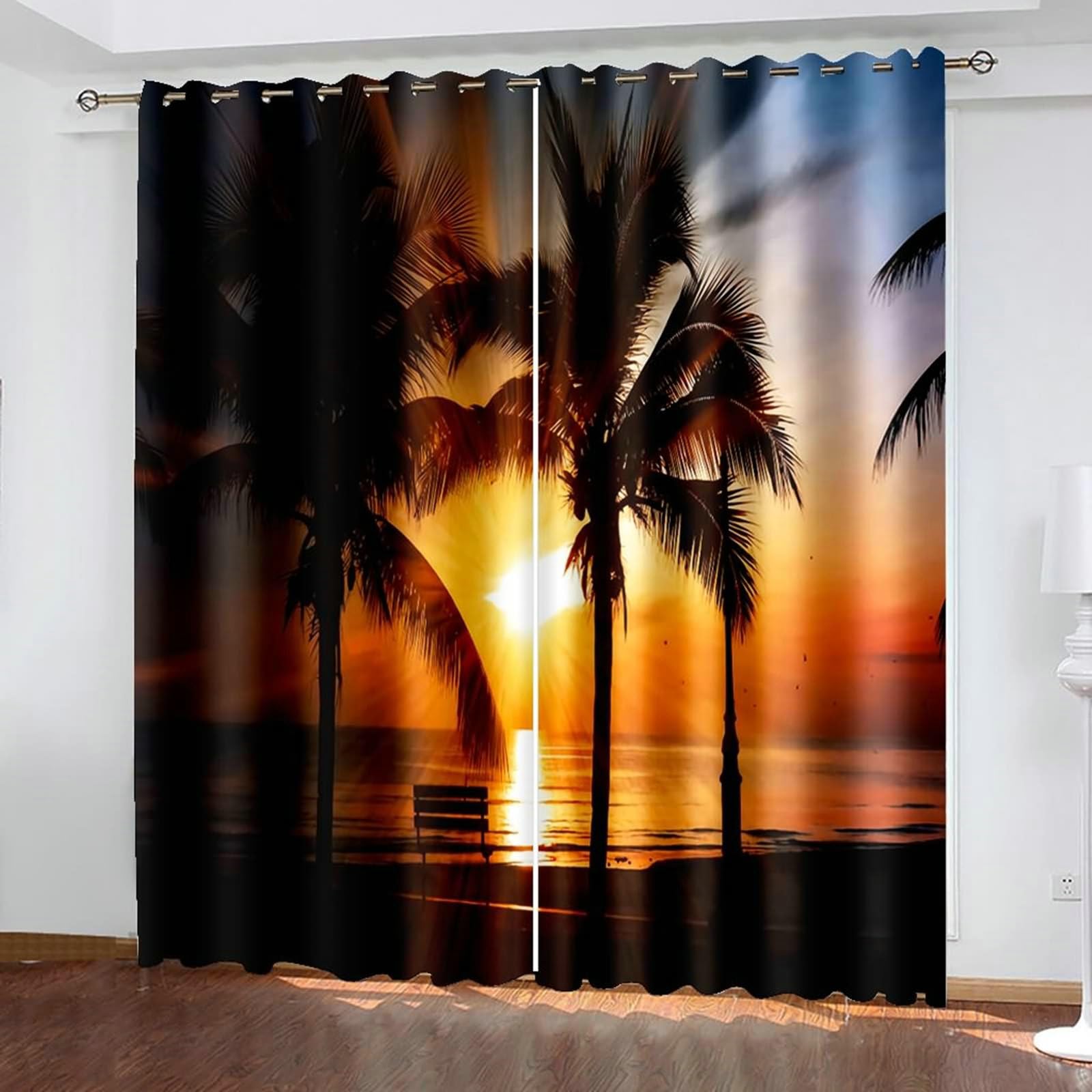 Vorhänge mit Ösen Blickdicht, Verdunklungsvorhänge Sonnenuntergang Kokospalme Landschaft 2er Set H 138 x B 96 cm Wohnzimmer Gardinen