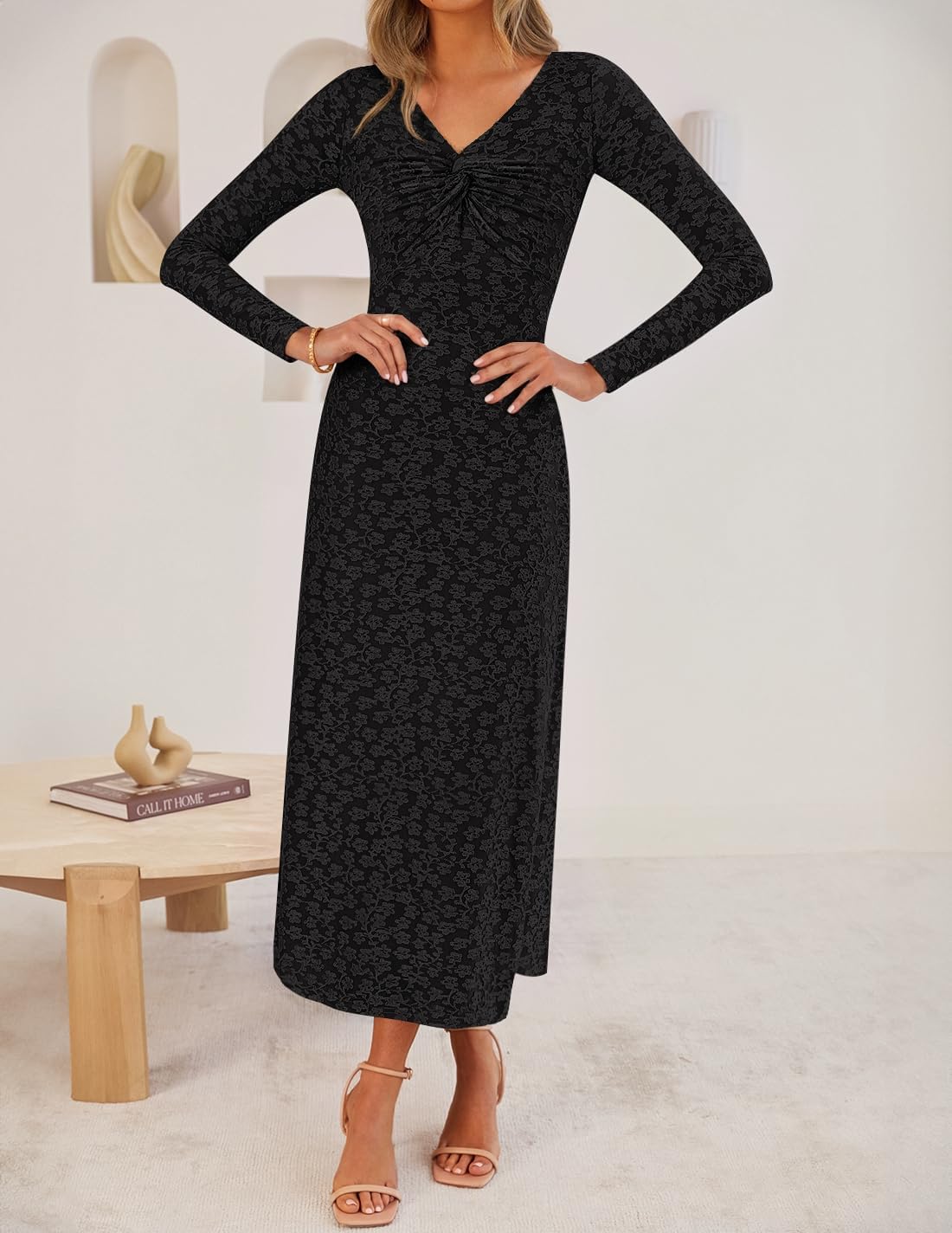 ZESICA Women's Fall Floral Long Sleeve Bodycon Dress 2026 Elegant V Neck Cocktail Party Long Midi Dresses - Image 5