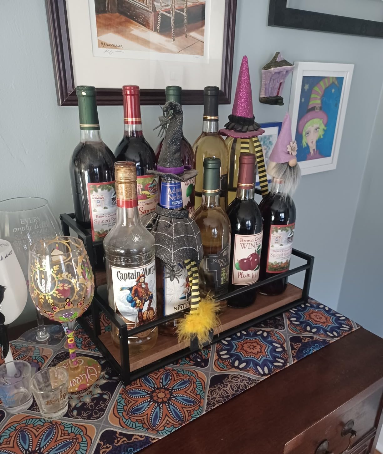 THYGIFTREE Liquor Bottle Display Shelf, 2 Tier Bar Shelf Stand for Liquor & Whiskey, Countertop Liquor Rack Organizer with Metal Frame & Wood Base for Home Bar Kitchen