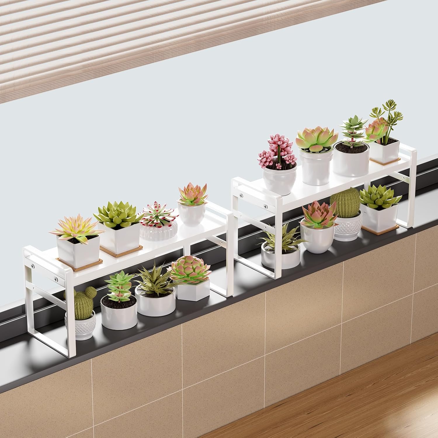 1pc Small Narrow Tall Shelf for Windowsill Kitchen Organizer Stackable Shelves Bathroom Sill Thin Shelves for Narrow Spaces Counter Top Racks (White, L13.8-23.6'' * W5.9'' * H7.5'')