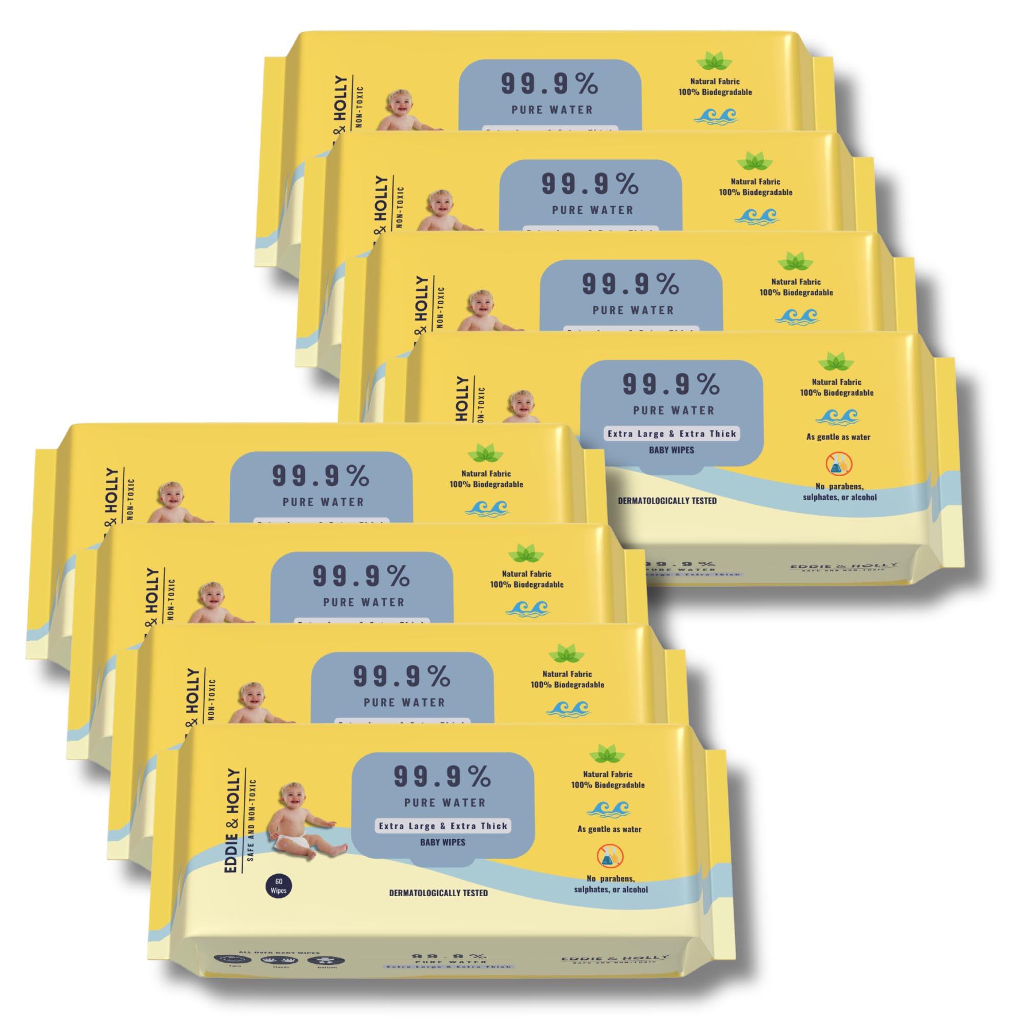 Eddie & Holly 99.9% Pure Water Baby Wipes with Lid | Extra Large and Extra Thick | Unscented | 100% Plant based Fabric | For Face, Hands and Nappy | Suitable for sensitive to normal skin (8 X 60)-image-36