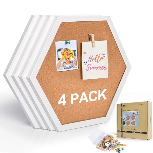 AkTop Cork Bulletin Board Hexagon 4 Pack, Small Framed Corkboard Tiles for Wall, Thick Decorative Display Boards for Home Office Decor, School Message Board with 16 Push Pin Wood Clips, White - White - Hexagon