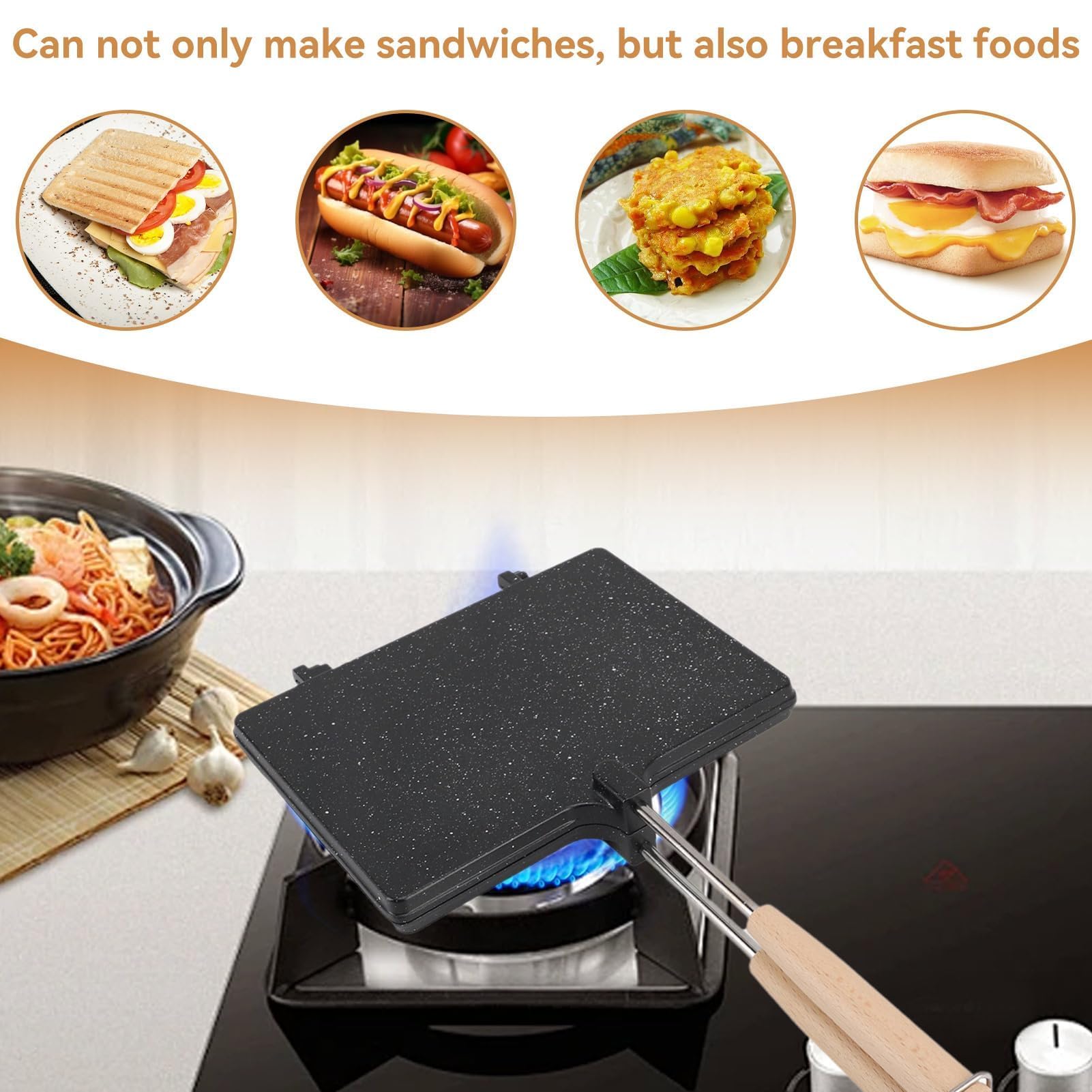 Tyatocepy Dubbelzijdige sandwichpan, anti-aanbaklaag, opvouwbaar, grillpan voor ontbijtmachine, pannenkoekenmachine, brood, toast, eenvoudige installatie