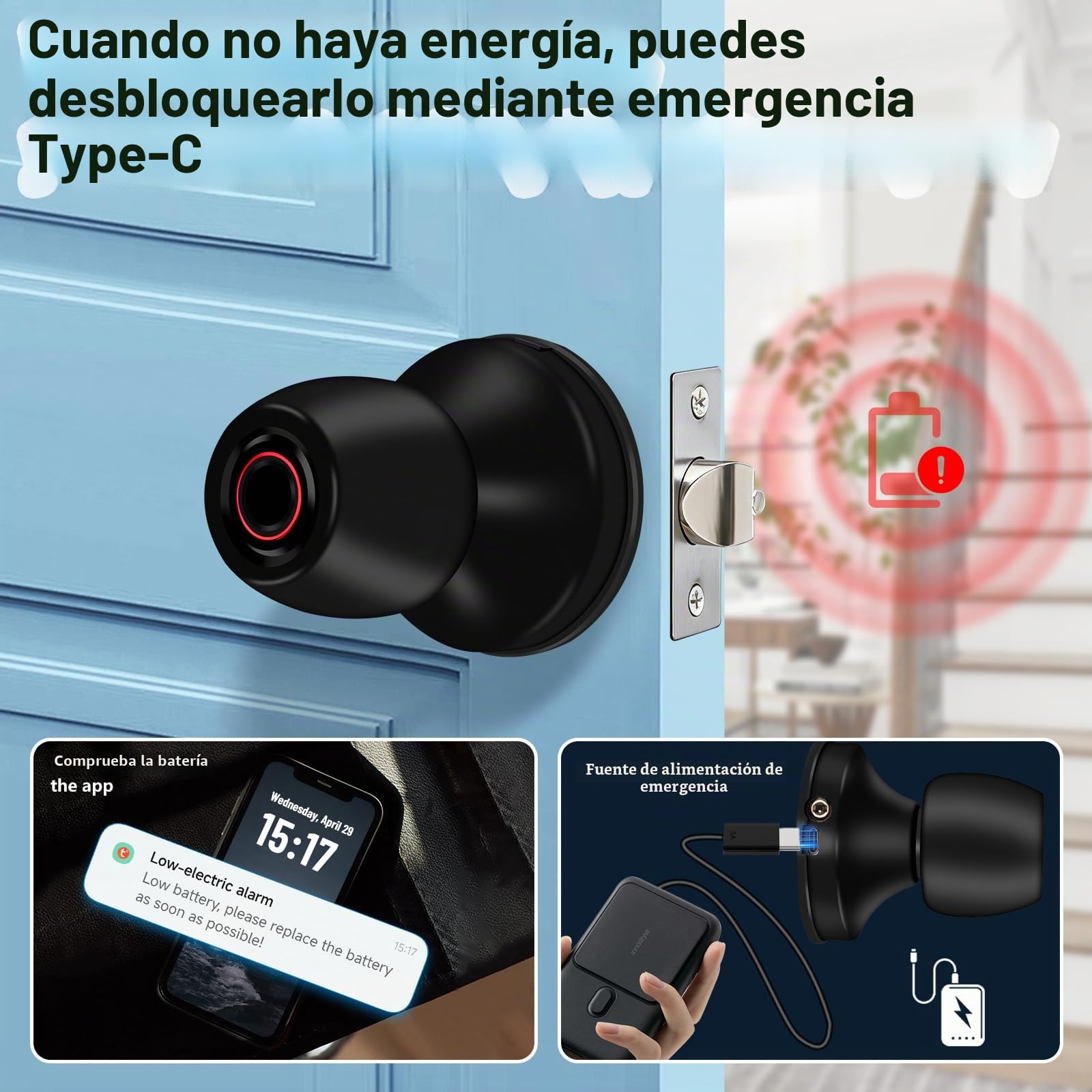 Cerradura de Puerta Inteligente con Huella Dactilar, Manija de Puerta 4-en-1 con Huella Dactilar, con Control por App y Llave Tipo-C, Manija de Puerta Biométrica con Cerradura, Adecuada para