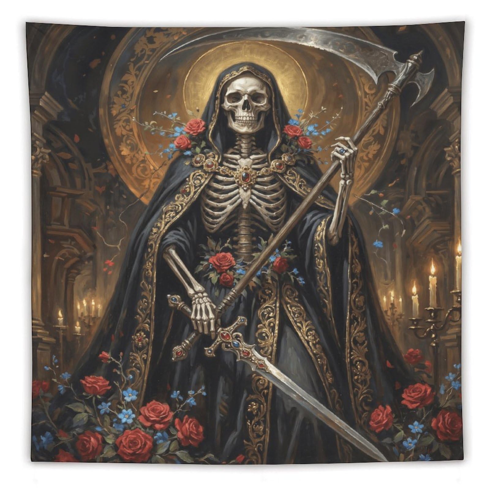 H3B8U2Y5 Grim Reaper Rose Cathedral Wall Tapestry, Realistic Illustration