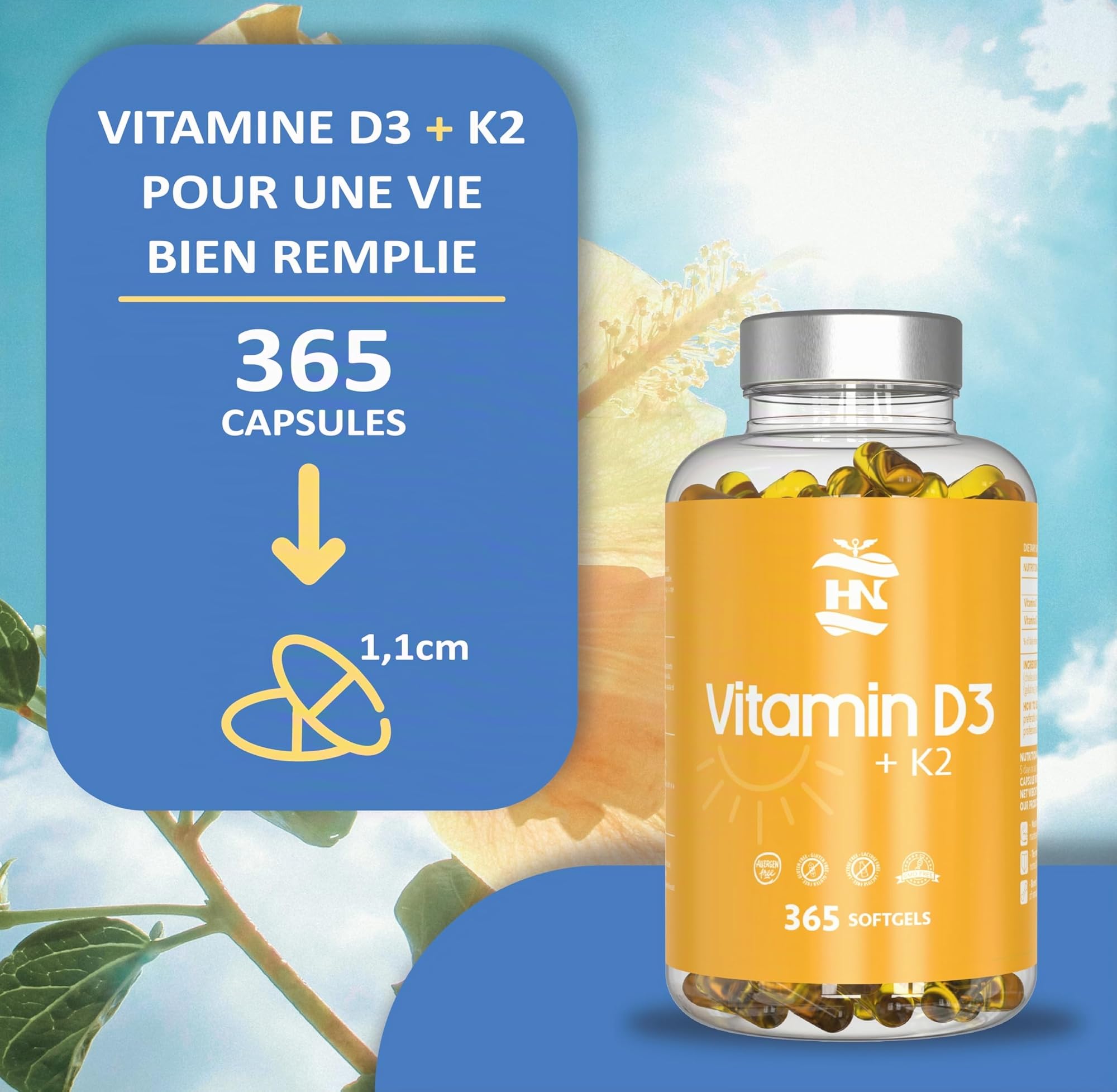 Vitamine D 5000 UI Vitamine D3 K2. 365 Capsules Vitamin D3 hautement concentrée Soutient les fonctions immunitaires et osseuses grâce à la Vitamin D3 K2 hautement dosée