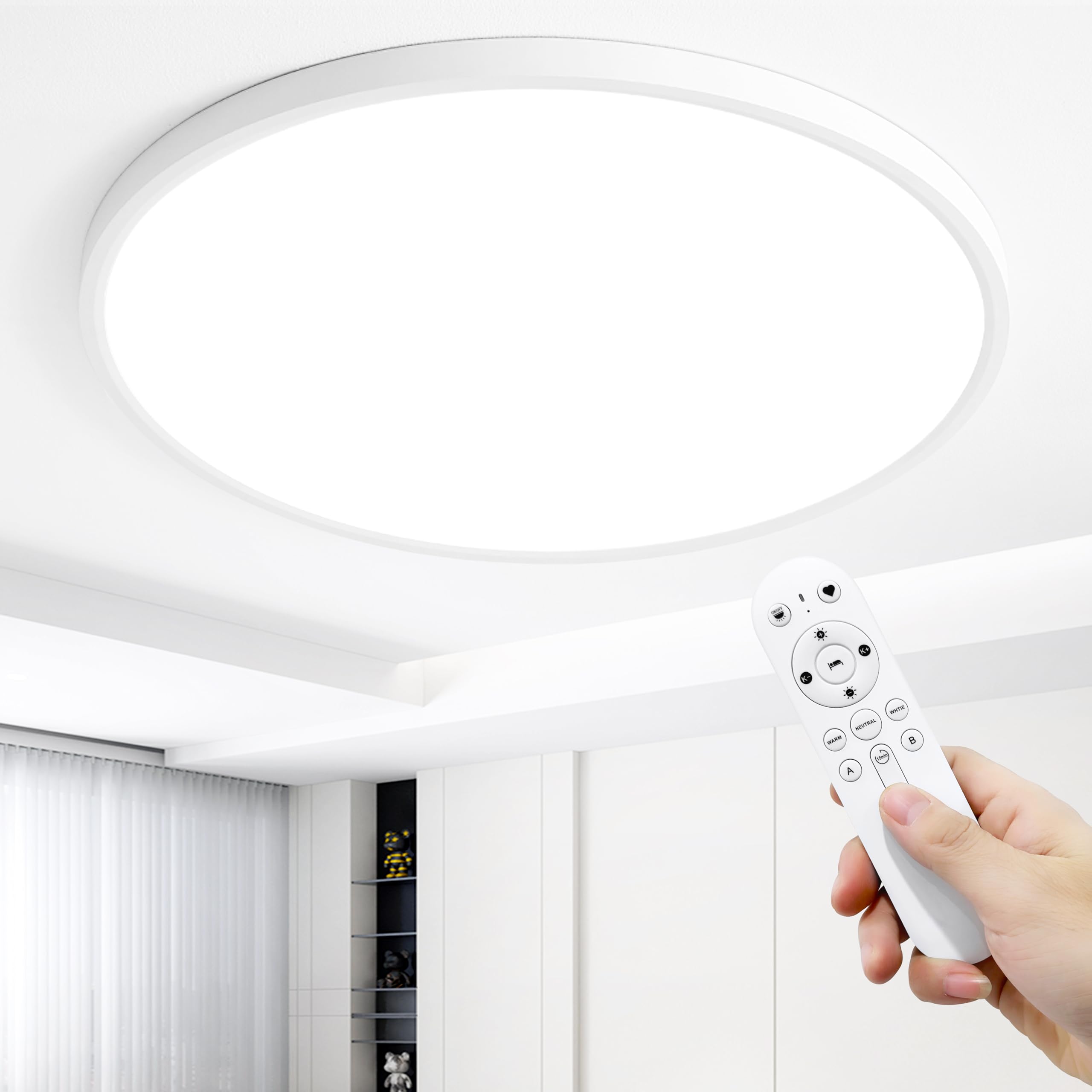 MOONSEA 48W LED Deckenleuchte Flach Dimmbar mit Fernbedienung, Ultra Dünn Deckenlampe Wohnzimmer, 3000-6000K Ø50cm, Deckenleuchte Dimmbar für Wohnzimmer Schlafzimmer Kinderzimmer Büro, Weiß