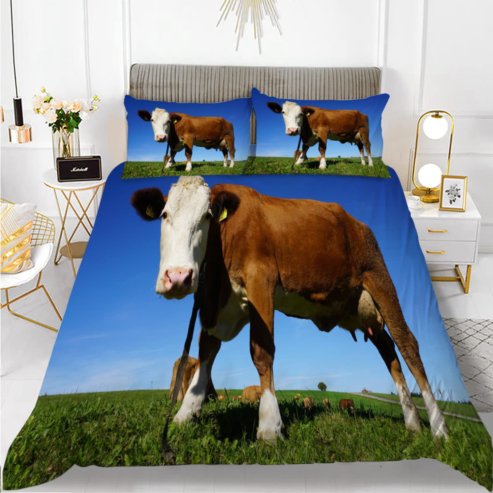Housse de couette 140x200 vache bleue en microfibre zippée anti-glissement pour lit ado