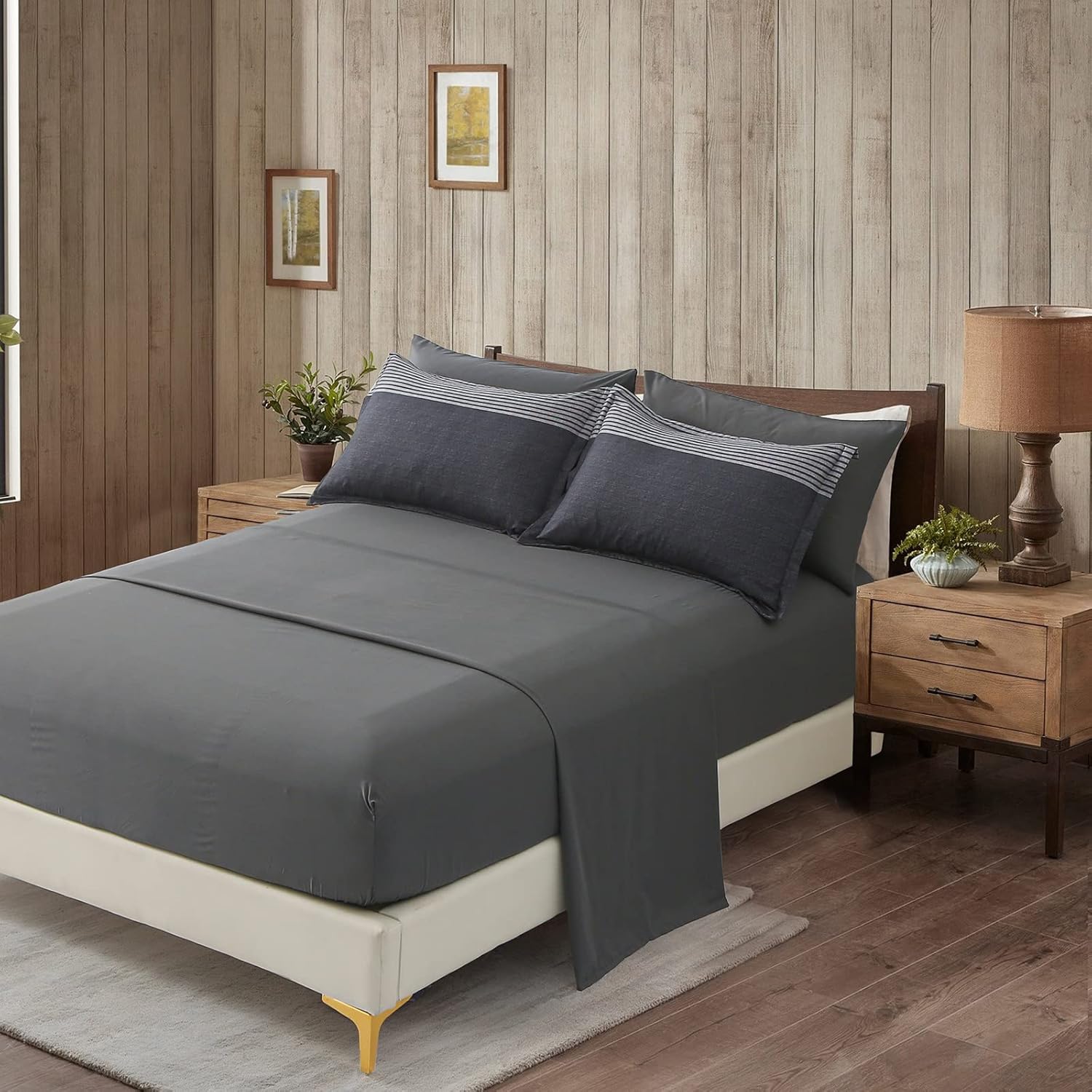 7 Pieces Black Grey Striped Comforter King Size - Lightweight Bed in a Bag Bedding Comforters Set, All Season Microfiber Complete Bedding Set with Flat/Fitted Sheet, Pillowcases and Pillow Shams - Image 4