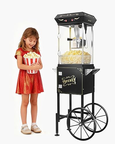 Carro de máquina de palomitas de maíz de 8 onzas, máquina para hacer palomitas de maíz con hervidor de acero inoxidable que hace hasta 32 tazas,