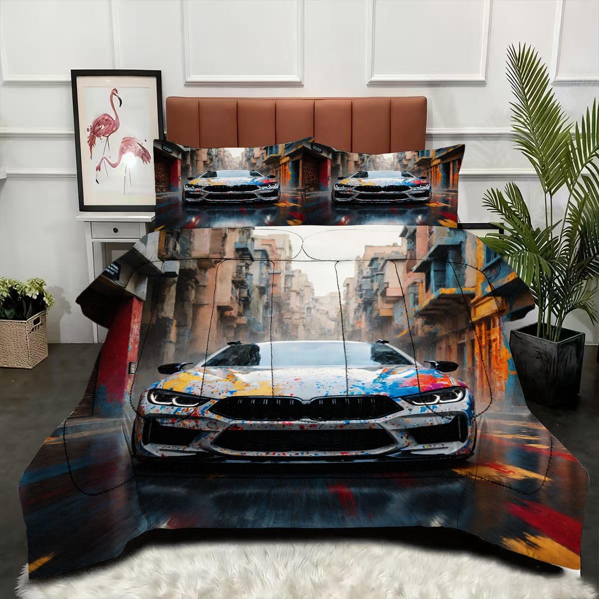 Couette Tempérée Douceur 3D Imprimée Voiture de Sport avec ses Deux Taies assorties
