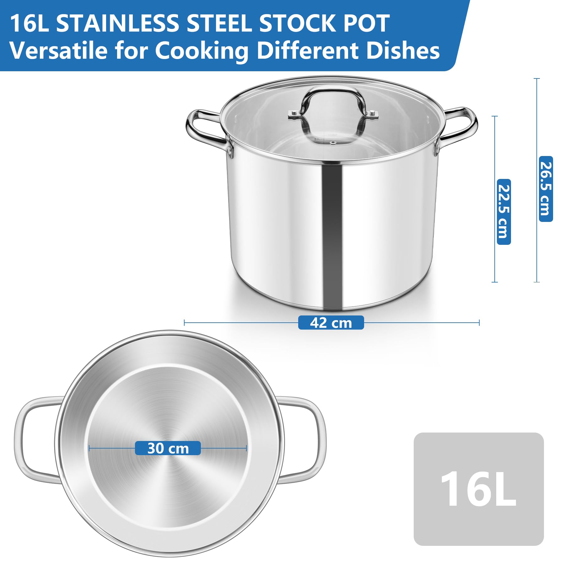 HaWare Extra großer Kochtopf, 16 l, dreilagiger Boden, Edelstahl-Suppentopf mit sichtbarem Deckel, 30 cm Suppentopf für Pasta/Fleisch/Suppe, geeignet für Induktion/Elektro/Gas/Keramik, gesund und