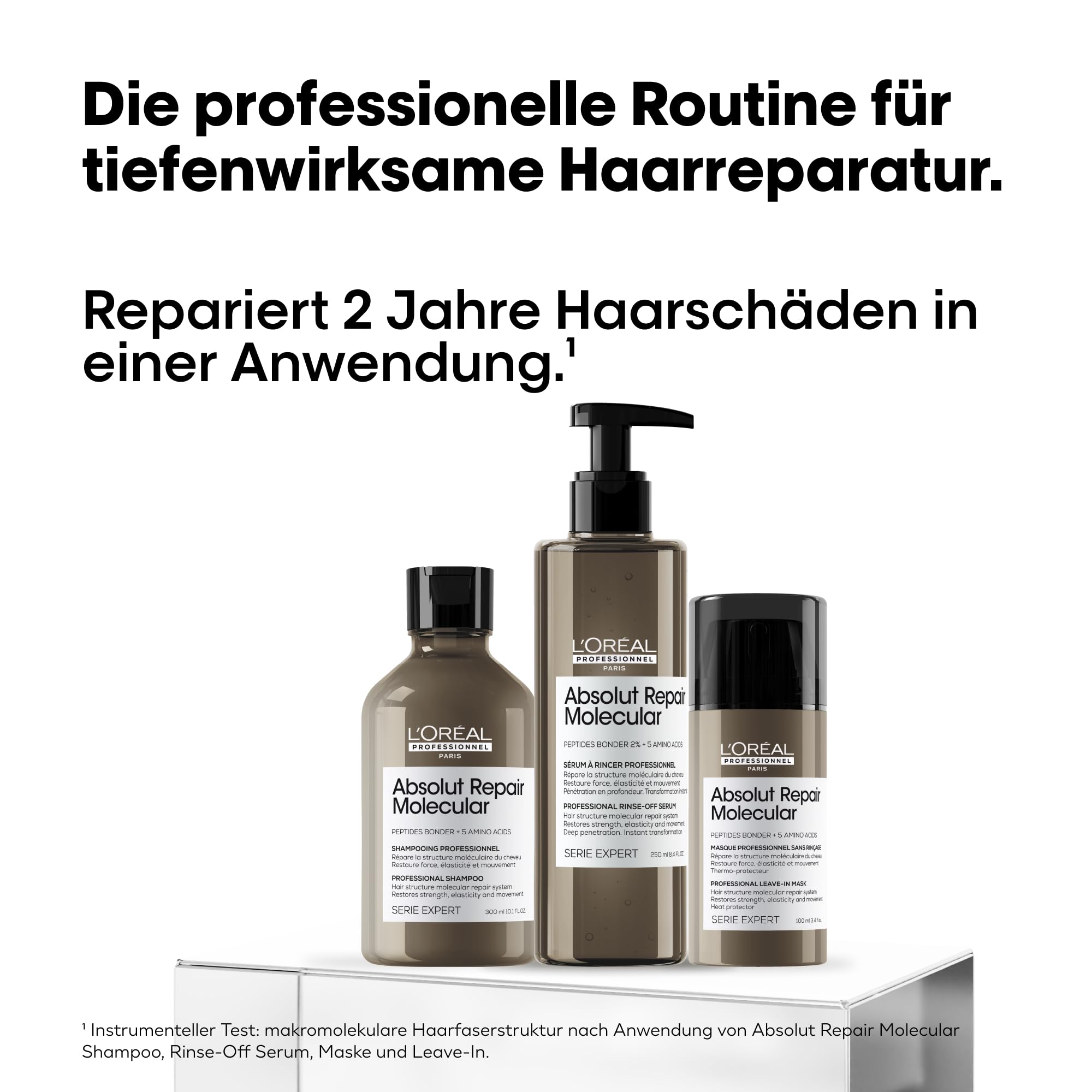 L'Oréal Professionnel Pflegetrio für strukturgeschädigtes Haar, Zur molekularen Tiefenreparatur, Mit Peptidbondern und Aminosäuren, Serie Expert, Absolut Repair Molecular Shampoo, Serum & Leave-In