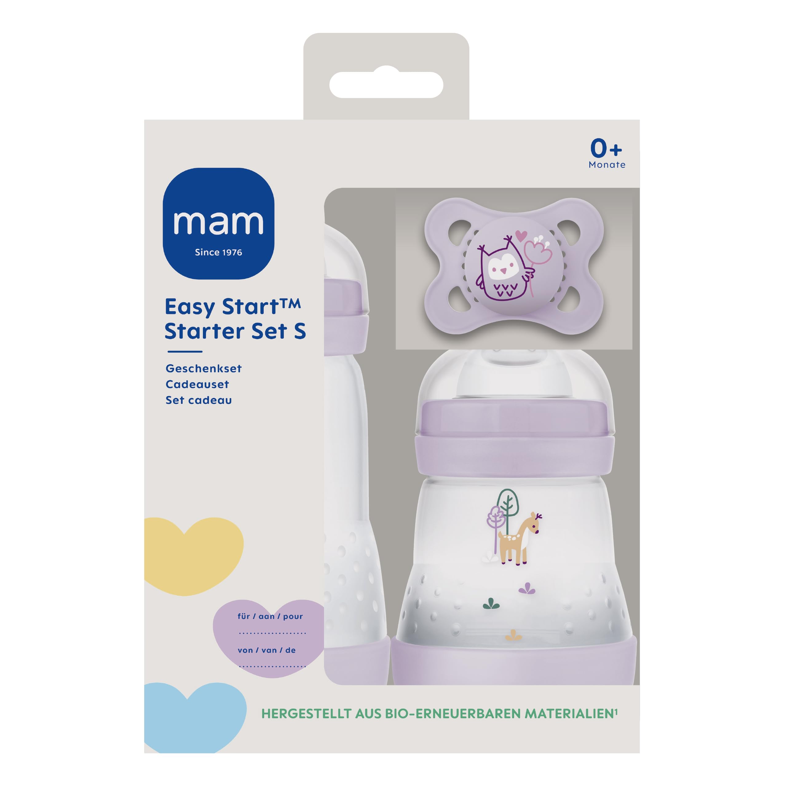 MAM Easy Start Anti-Colic Starter Set S, Baby Erstausstattung mit 2 Anti-Colic Flaschen (160 ml & 260 ml) inkl. Sauger Größe 1 und Schnuller, Baby Geschenk Set, ab der Geburt, lila