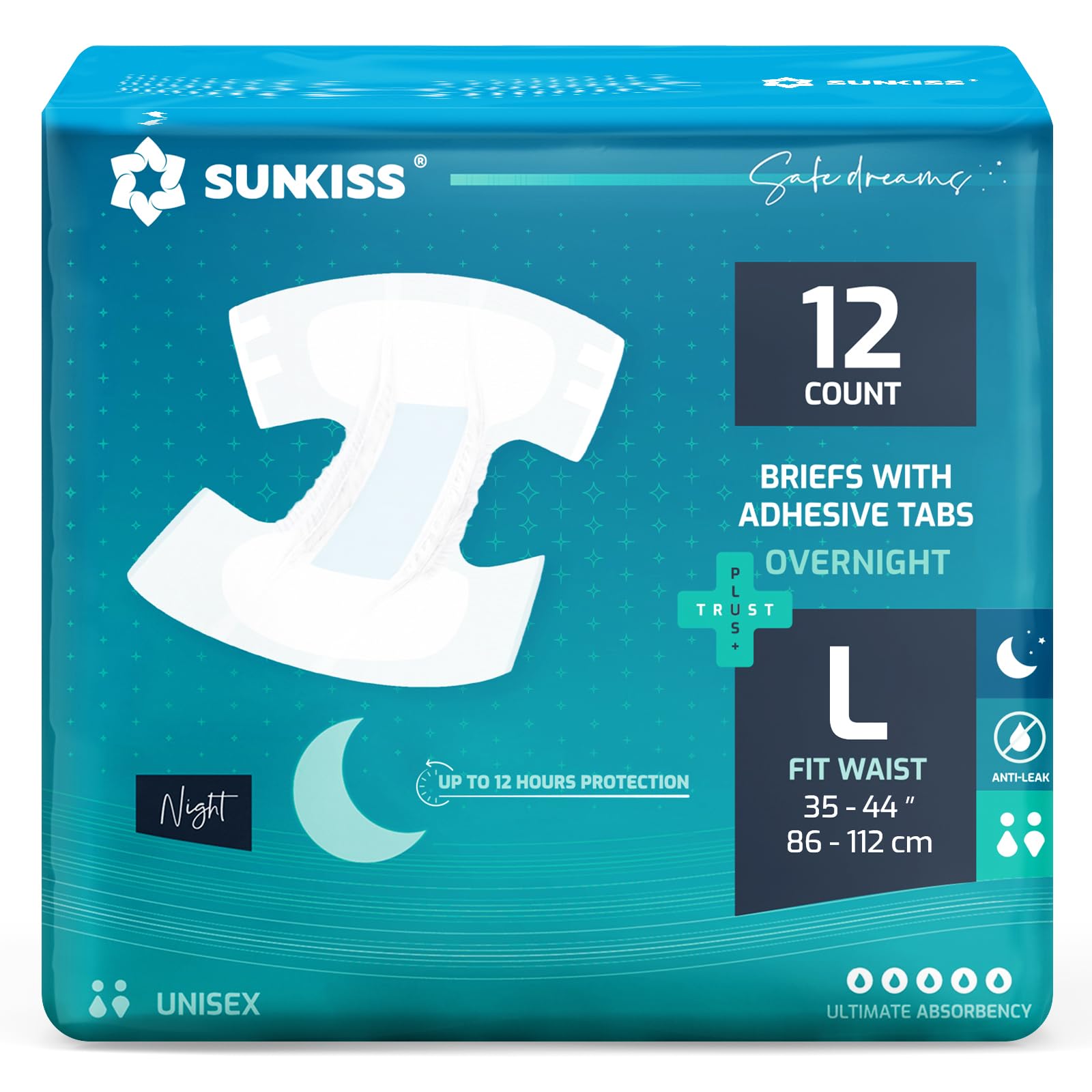 SUNKISS Adult Nappies with Ultimate Absorbency, Overnight Adult Diapers for Men and Women, Long-Lasting Dryness, Odor Control, Large, 12 Count