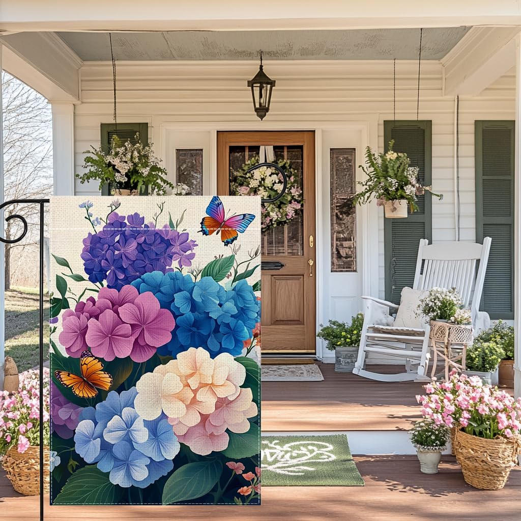 Spring Summer Hydrangea Flowers Garden Flag 12x18 Inch Double Sided Butterfly Colorful Floral Yard Outdoor Flag House Holiday Outside Decoration - Image 6