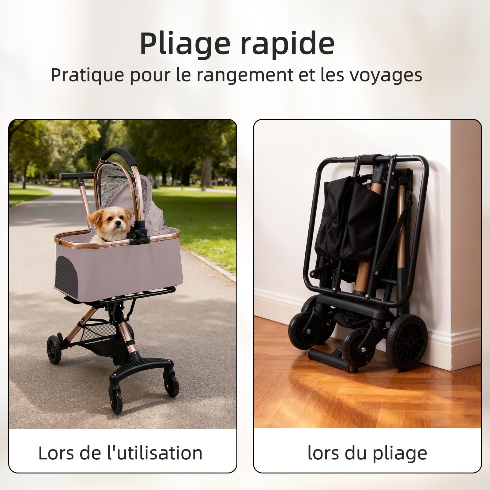 Poussette 3-en-1 Pliable pour Chien et Chat, avec Panier de Rangement, Rose | Avec Panier Détachable et Sac de Transport | 4 Roues 360° avec Laisse de Sécurité | Charge jusqu‘à 20 kg | 92x56x33cm