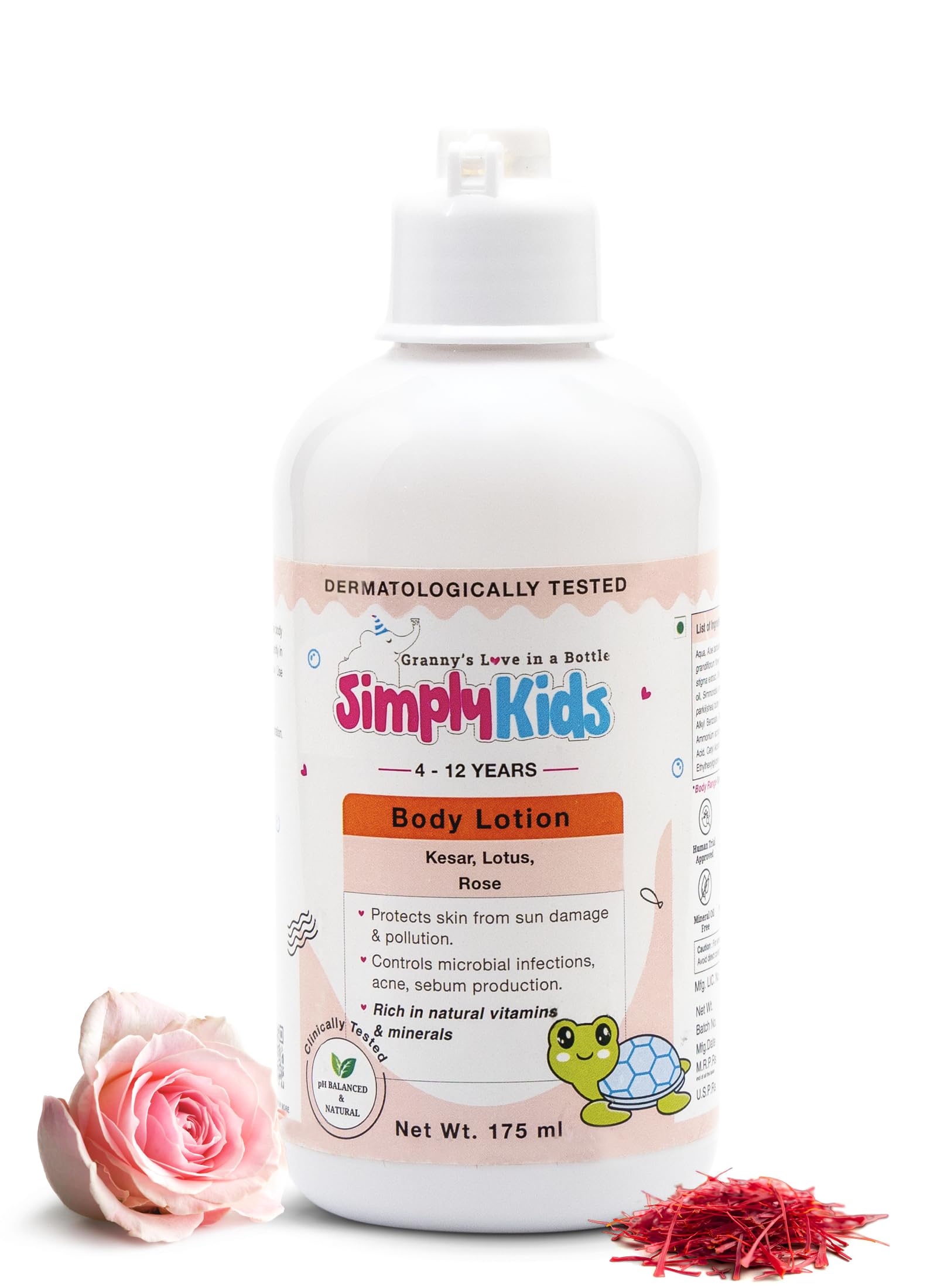 Simply Kids Body Lotion for 4-12 Years | With Shea Butter, Kokum Butter, Olive Oil, Saffron Extracts & Niacinamide | Protects Skin from Tanning & Pollution | Hypoallergenic | Safe for All Skin Types | 175ml