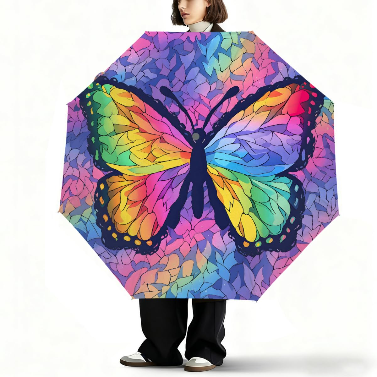 Arte astratta arcobaleno farfalla ombrello pieghevole ombrello da viaggio compatto antivento impermeabile con protezione UV rivestimento nero leggero 8 coste portatile per pioggia sole