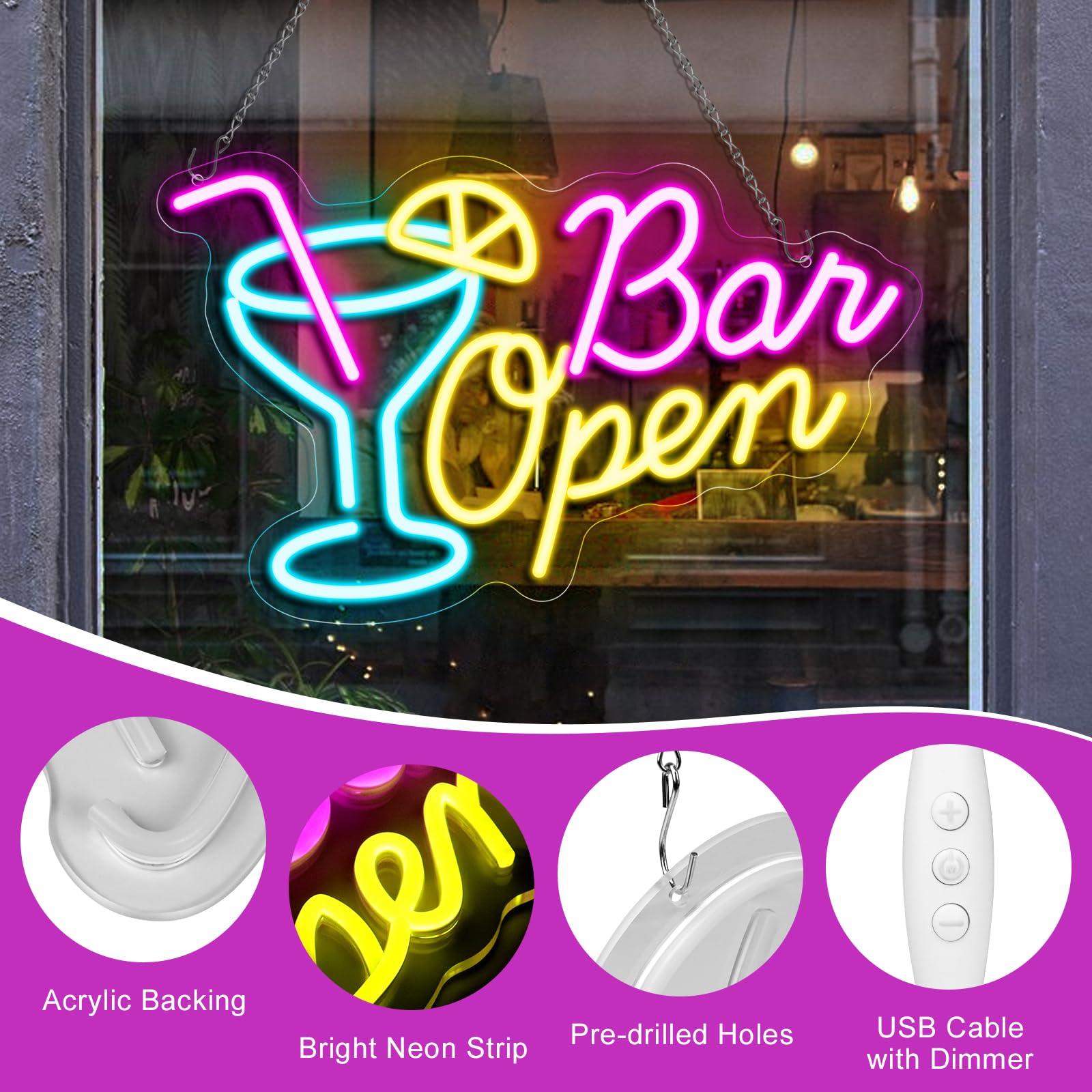inShareplus Bar Open Neon Schild, Cocktail Leuchtreklame für Wand, Dimmbar Bar Schild mit USB-Betrieb, Open Schild für Bar, Hausbar, Club, Bistro, Party, Open Sign für Schaufenster Dekorationen