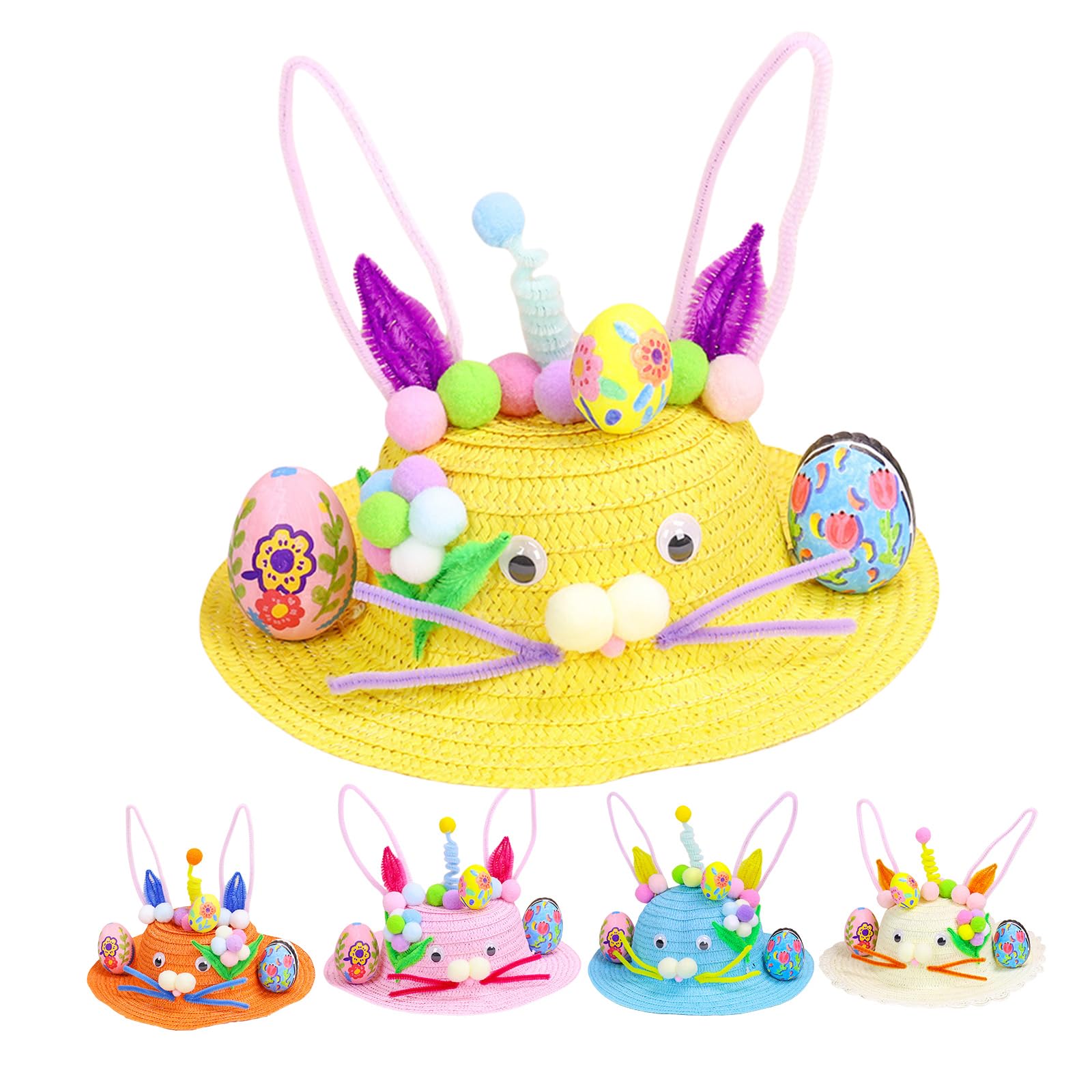 Mienocol Yellow Easter Bonnet Kit,DIY Handmade Hat for Kids Boys Girls Gifts,Make Your Own Bonnet Hat Craft Set including Bunny Eggs Decorations DIY Handmade Game for Easter Party Kindergarten Favors