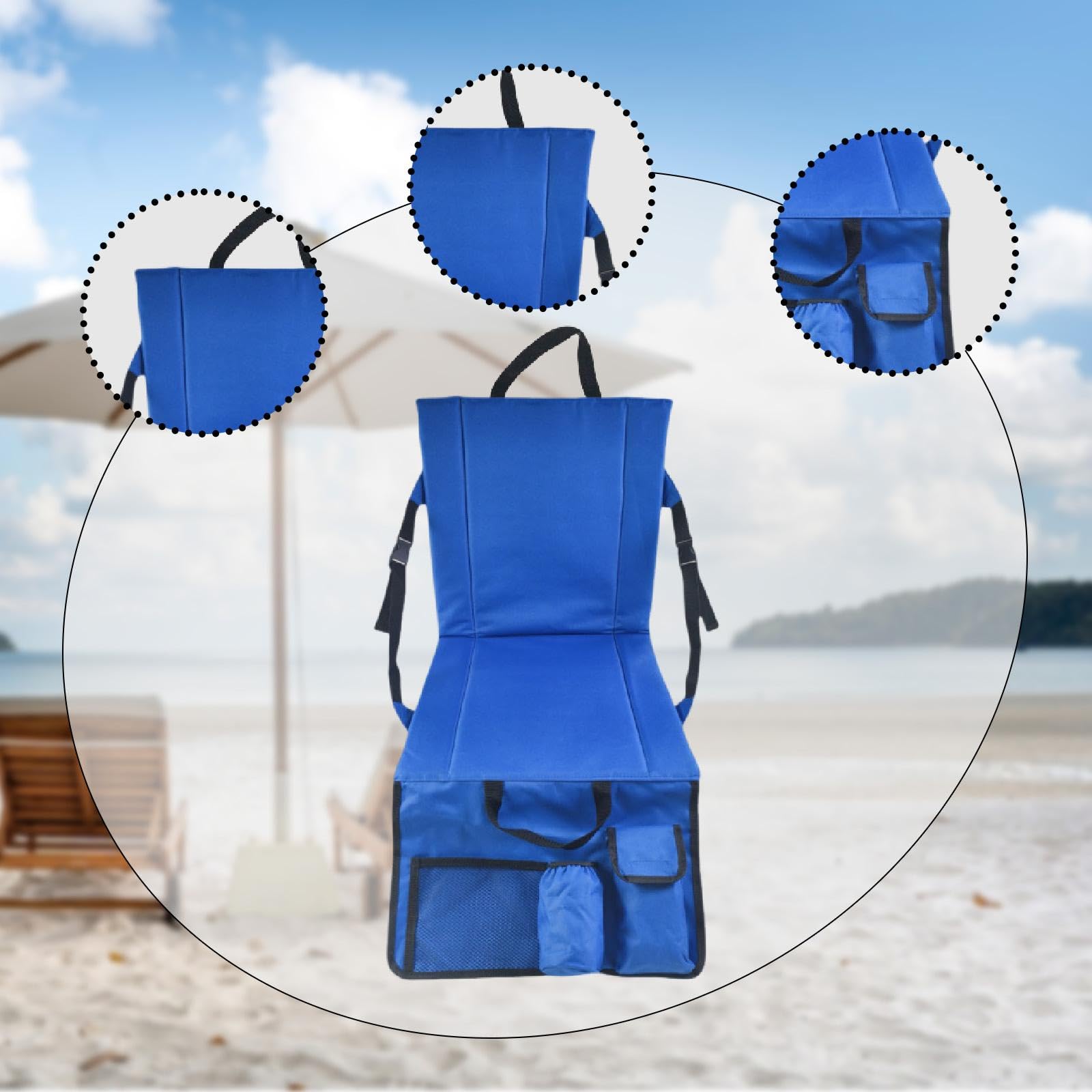 Almencla Coussin de Siège Pliable avec Dossier et Porte-gobelet. Chaise Pliante en Tissu Oxford pour Réunions et Activités Sportives en Extérieur, Idéale pour, Bleu