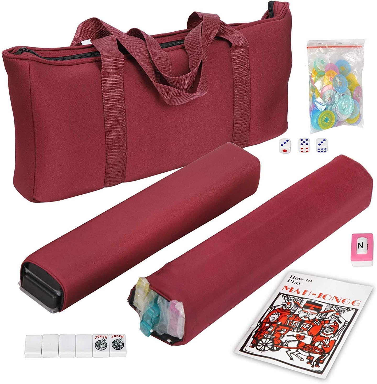 American Mahjong Set 166 Tiles, 4 Colors All-in-One Rack/Pushers, Red Soft Bag and Accessories –Classic Full Size Complete Mahjong Set.