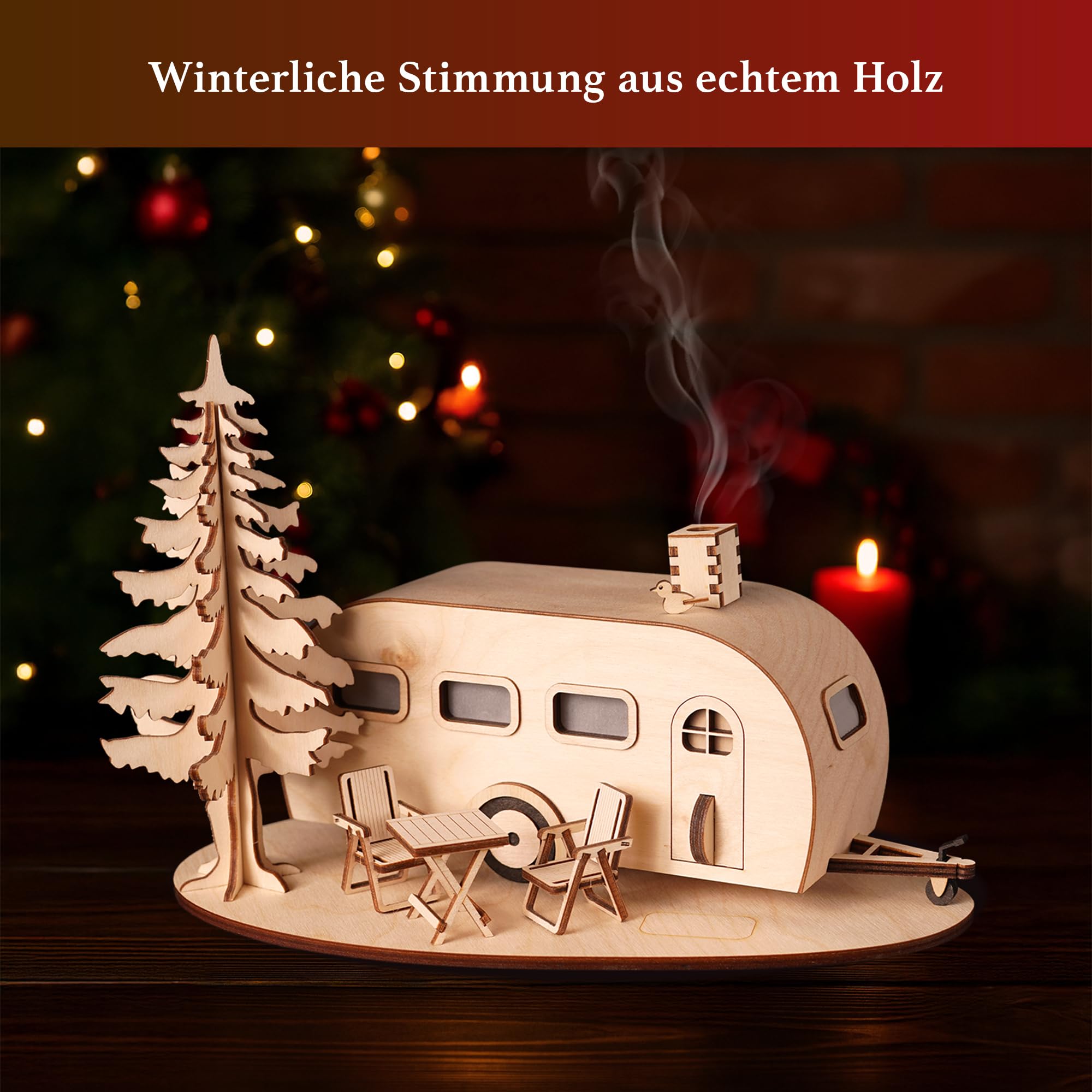 Saico - Räucherwohnwagen groß Einachser - Räucherhaus Erzgebirge mit LED-Beleuchtung, Räucherkerzenhalter mit LED-Teelicht, Geschenkidee, Holzkunst Erzgebirge - 28 x 18 x 16 cm - Made in Germany