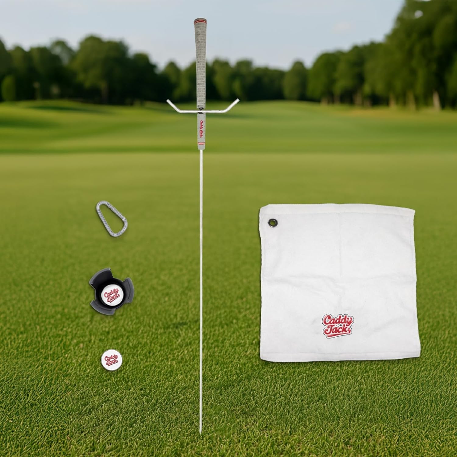 Golf Club Stand & Accessories | Designed to Minimize Bending on the Course | Multi-Club Holder, Ball Pick-Up Cap, Towel, Carabiner & Marker | Made in USA