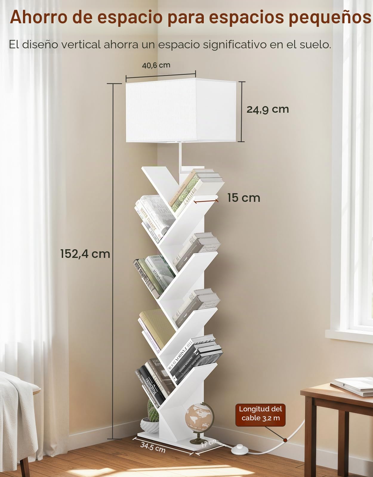Estantería En Árbol con Luz, Estante De Esquina De 9 Niveles, con Mando A Distancia Y Temporizador, Mueble Estrecho De Madera para Libros, CDs, DVDs, Salón, Dormitorio, Oficina(Blanco)