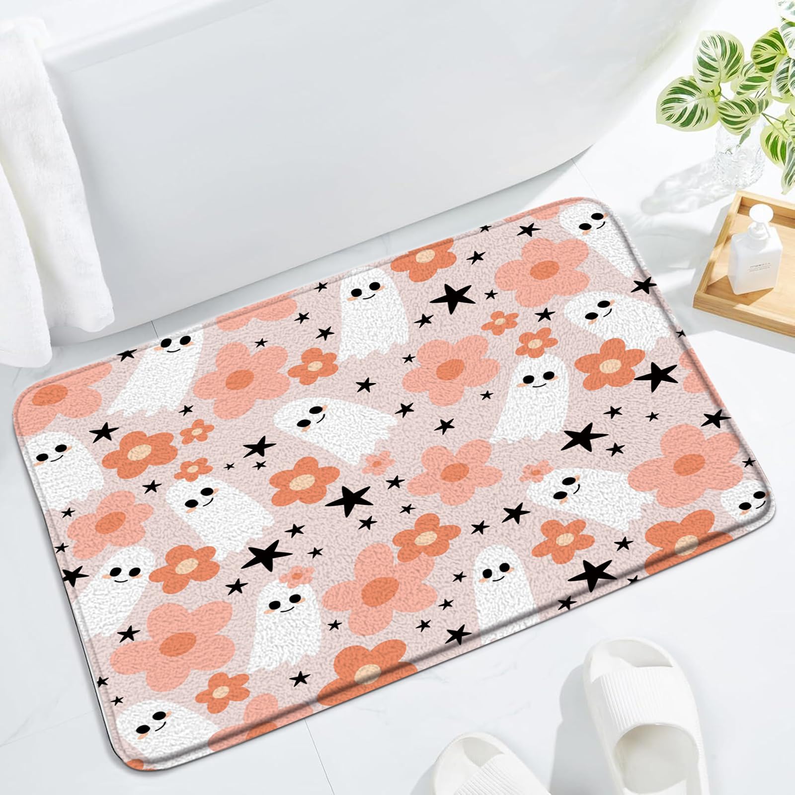 Halloween Ghost Bath Mat Cute Floral Spooky Funny Cartoon Ghost Star Vintage Happy Holiday Khahi Bath Rug Absorbent