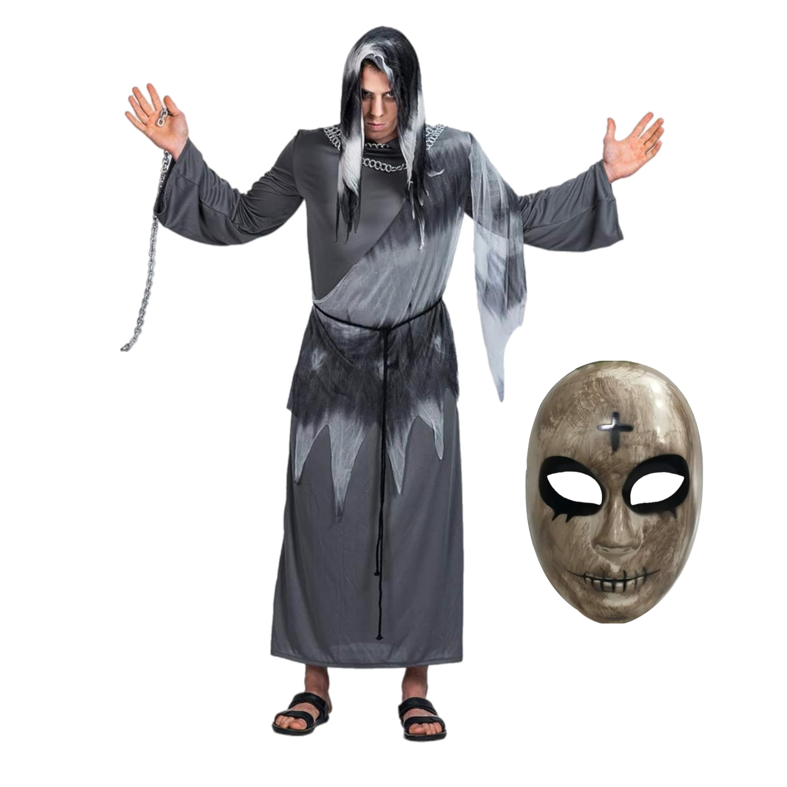eBoutik - Adults Halloween Angel Of Death Costume With Mask  One Size Grey Horror Cloak  Grim Reaper & Cross Plague Mask - Scary Fancy Dress Outfit