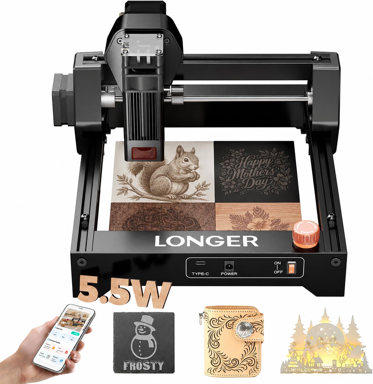 LONGER Ray5 Laser Engraver Machine, 5500mW Portable Engraving Machine